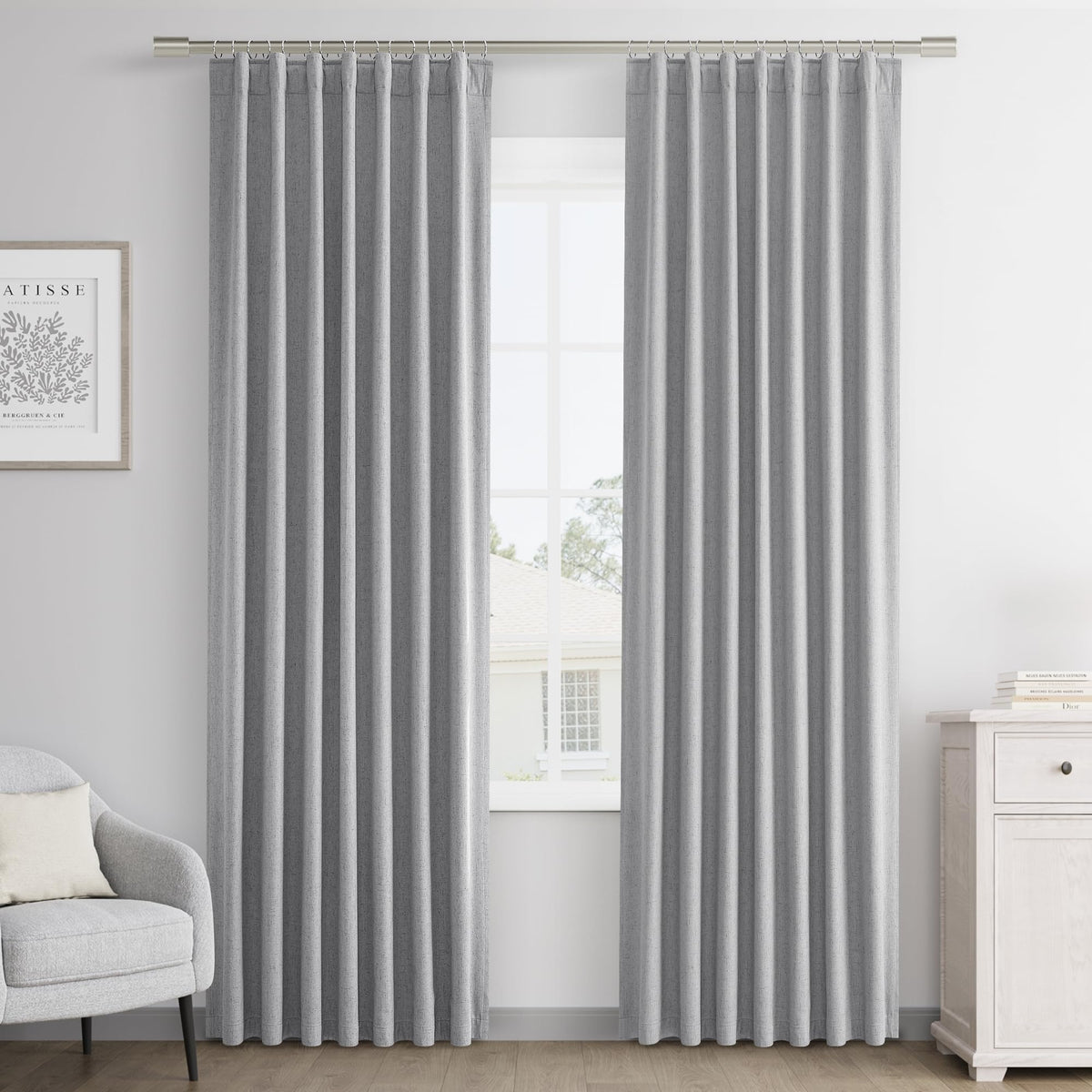 Joywell Light Grey Linen 100% Blackout Curtains 84 Inches Long, Rod Pocket,Back Tab,Hook Belt,Thermal Insulated Pinch Pleated Drapes For Farmhouse Bedroom Living Room With Hooks(2 Panels,52 X 84)