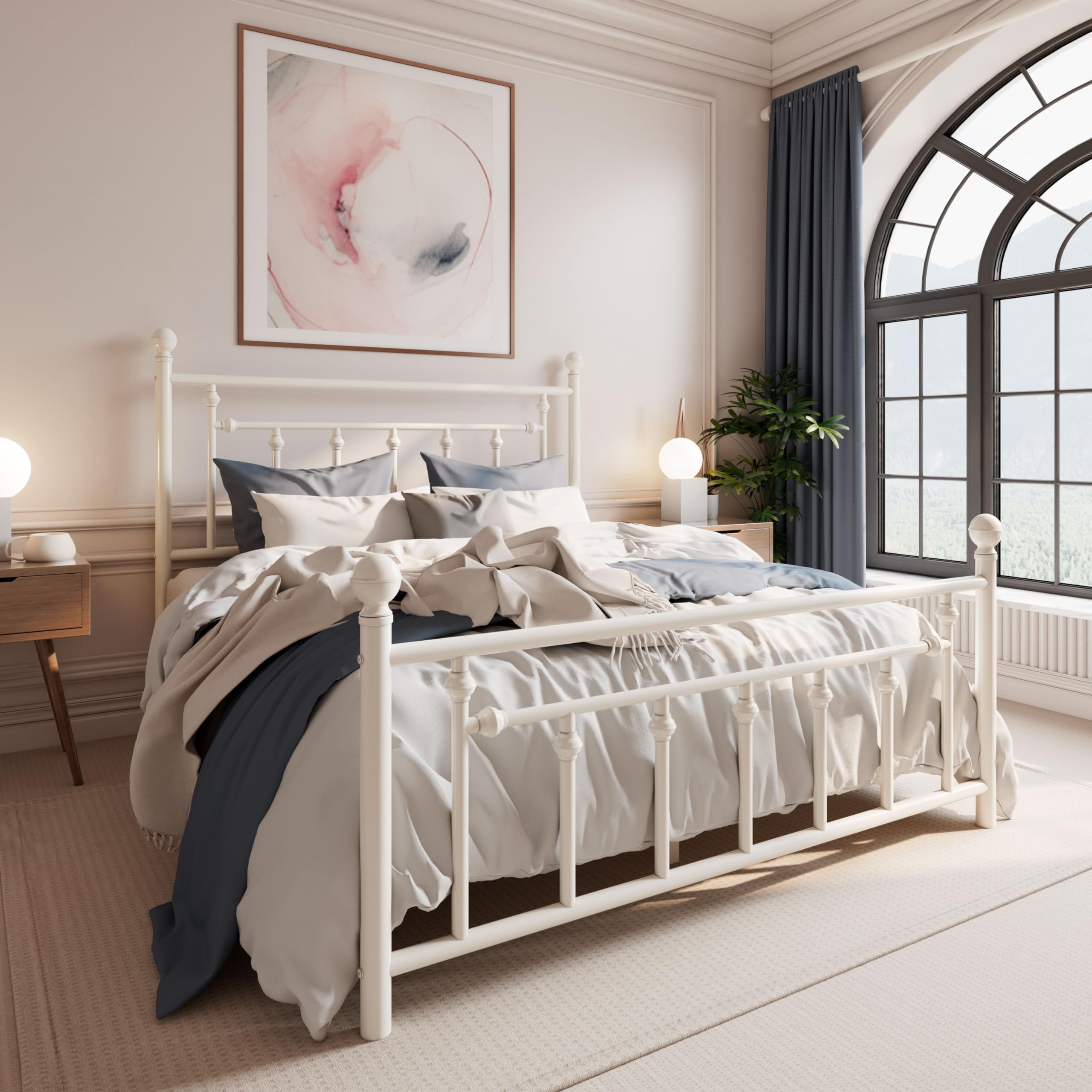 Sha Cerlin 14'' Full Size Metal Platform Bed Frame/Victorian Headboard And Footboard/Steel Slats Mattress Foundation For Storage/No Box Spring Needed/Noise Free/White