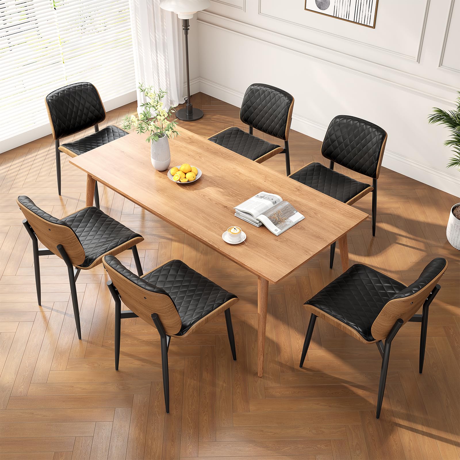 Reoney Dining Chairs Set Of 6, Mid-Century Modern Upholstered Pu Leather Chairs With Walnut Back And Metal Legs Adjustable Feet