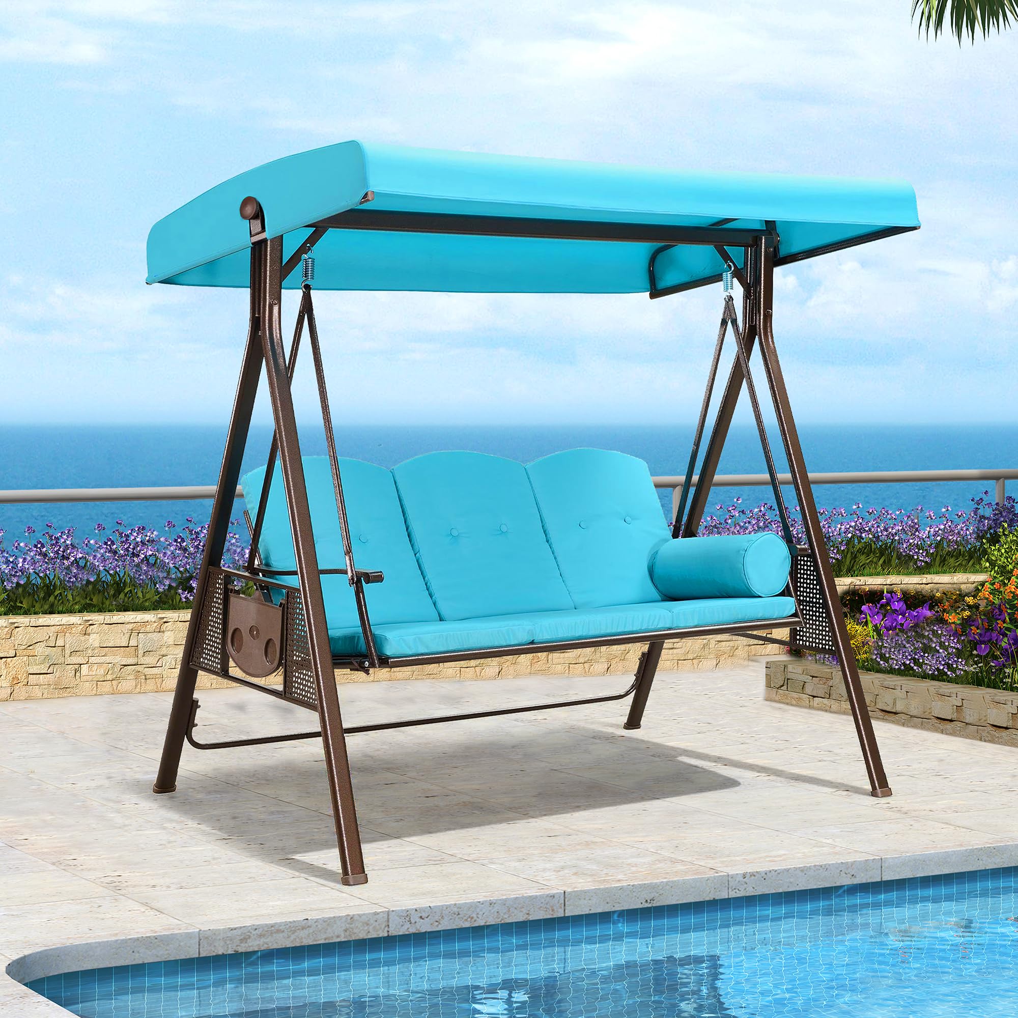 Purple Leaf 3-Seat Deluxe Outdoor Patio Porch Swing With Weather Resistant Steel Frame, Adjustable Tilt Canopy, Cushions And Pillow Included, Turquoise Blue