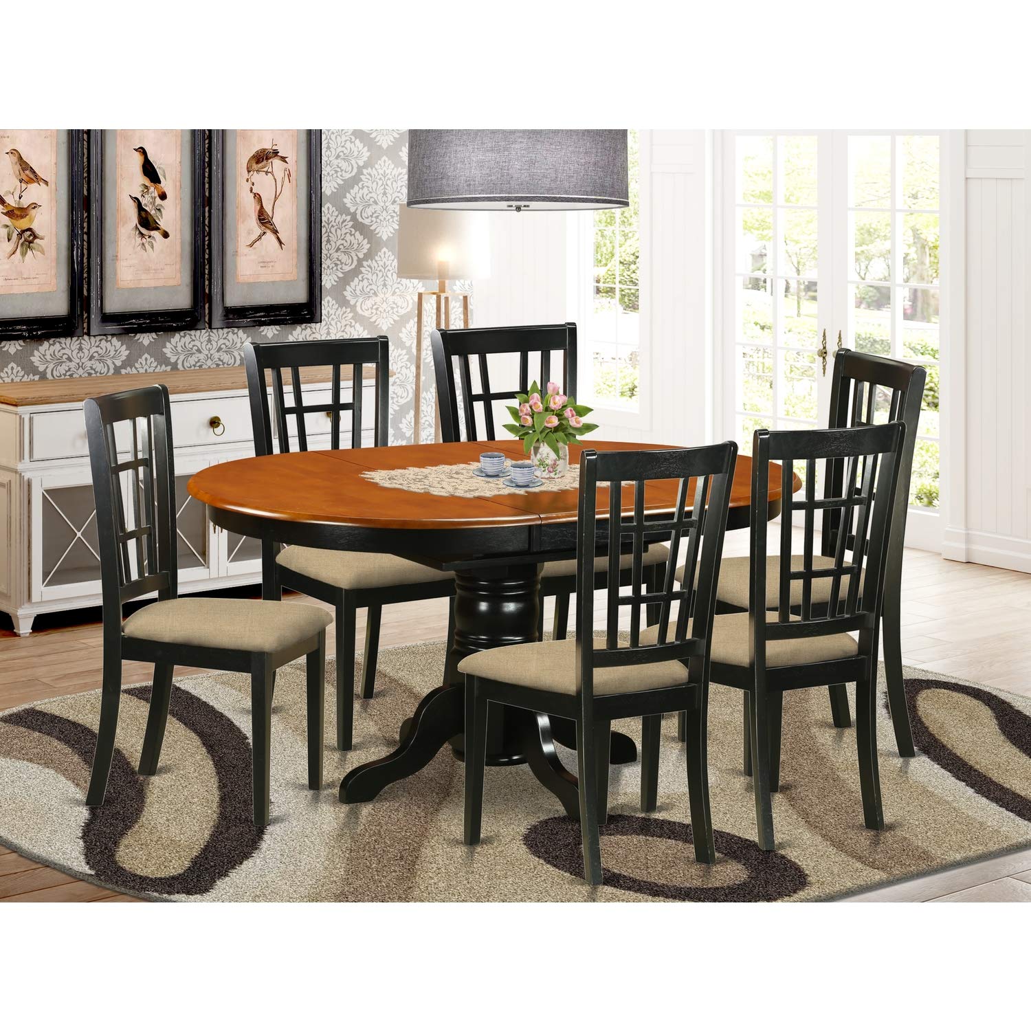 East West Furniture KENI7-BCH-C 7 Piece Modern Dining Table Set Consist of an Oval Wooden Table with Butterfly Leaf and 6 Linen Fabric Upholstered Dining Chairs, 42x60 Inch, Black & Cherry