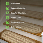 Cookie Dough Premium Jute Braided Stair Tread By Homespice 8'' X 28'' (Set Of 13) Oval Beige, Tan Reversible, Natural Jute Yarn