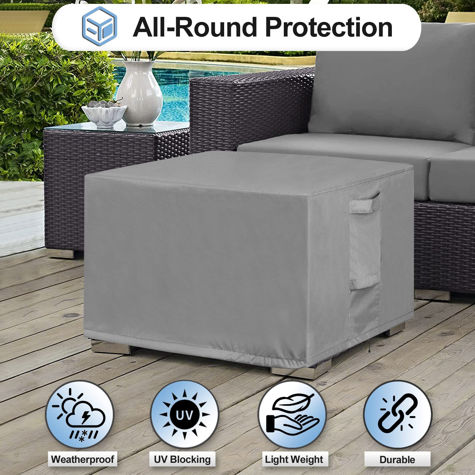 Outdoorlines Outdoor Waterproof Patio Ottoman Covers - Rectangle Uv-Proof Patio Side Table Cover Windproof Heavy-Duty Furniture Covering Protector 28L X 22W X 17H Inch, Grey