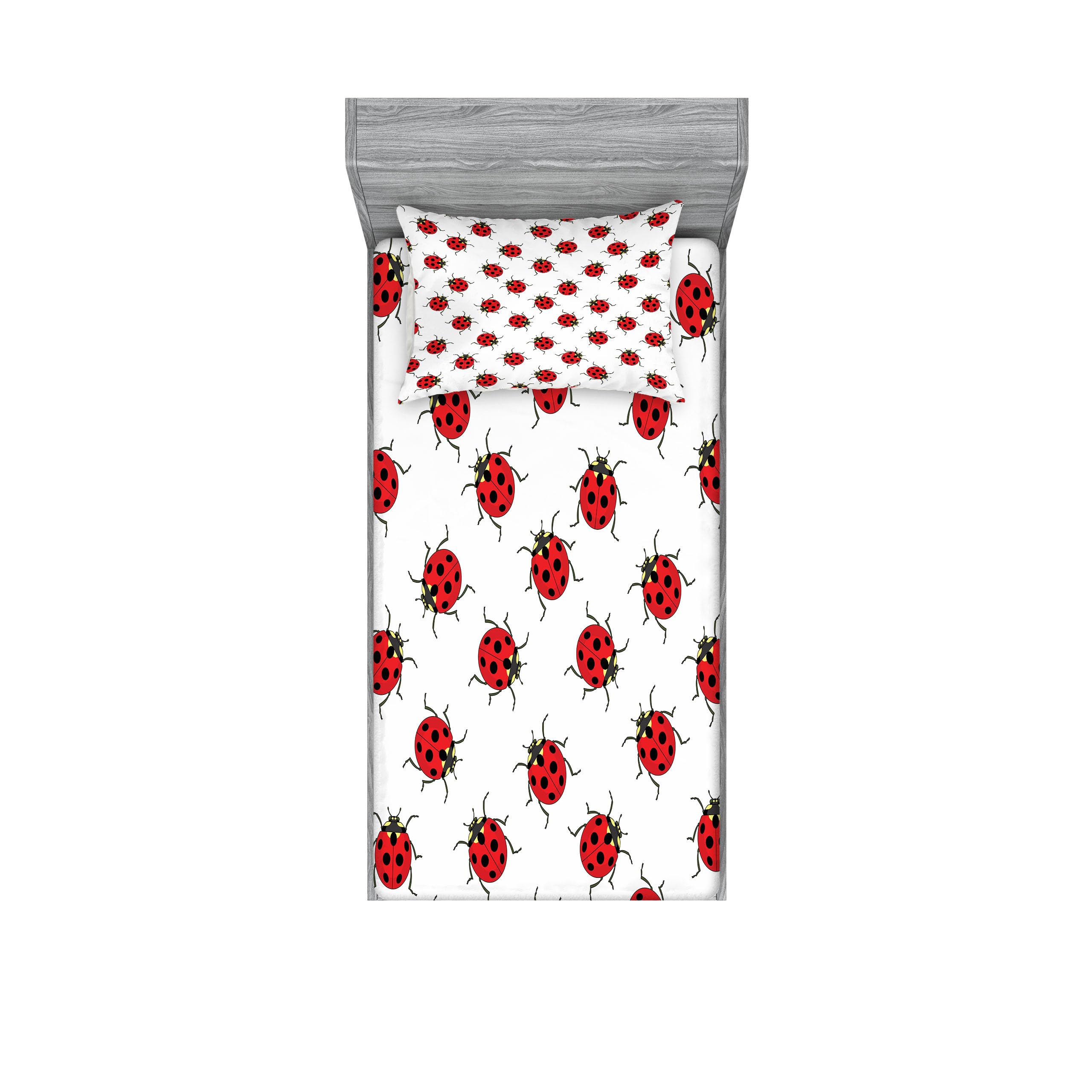 Ambesonne Ladybugs Fitted Sheet & Pillow Sham Set, Ladybugs Pattern Bunch of Bugs Infinite Speckled Marked Insect Theme Playroom