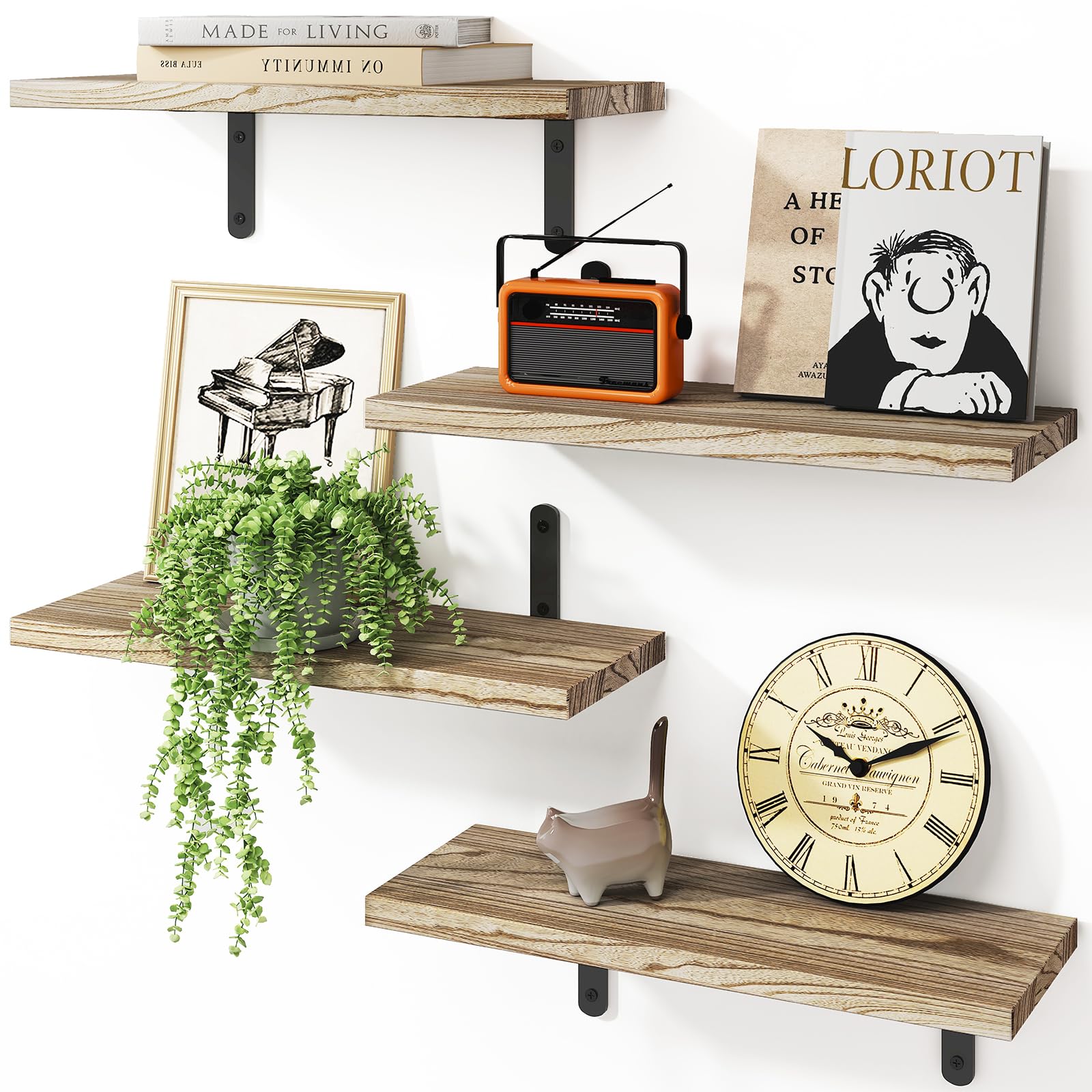 Fixwal Wall Floating Shelves For Room Decor, 4 Sets Floating Shelves For Wall Storage, Wood Wall Mounted Shelf For Bedroom Decor, Bathroom Storage, Book Shelf For Wall-Rustic Brown