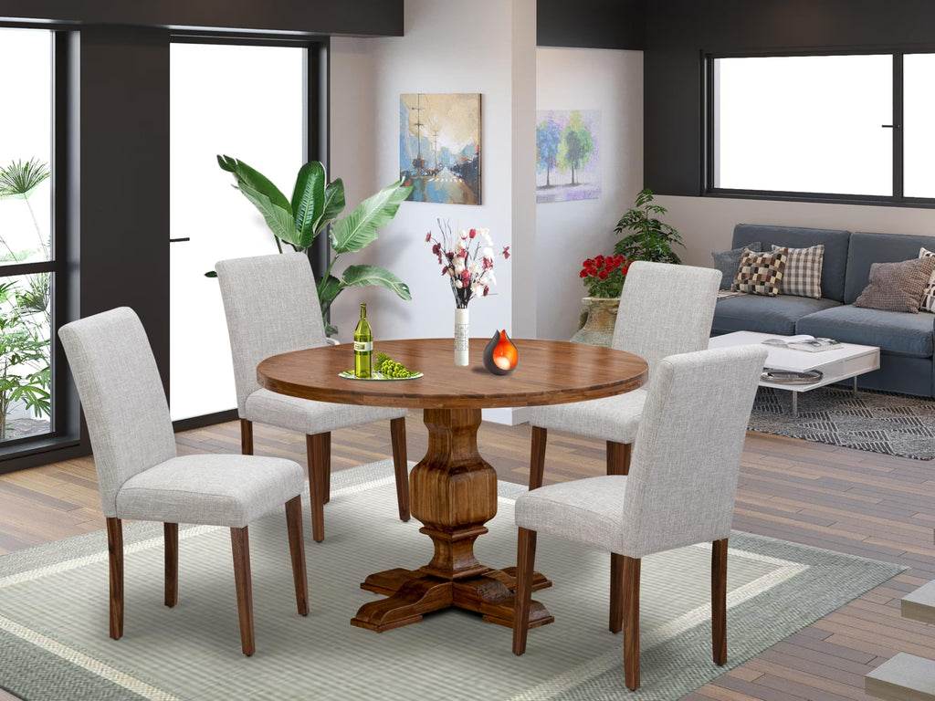 East West Furniture I3AB5-N35 5 Piece Dining Room Table Set Includes a Round Dining Table with Pedestal and 4 Doeskin Linen Fabric Upholstered Parson Chairs, 48x48 Inch, Antique Walnut