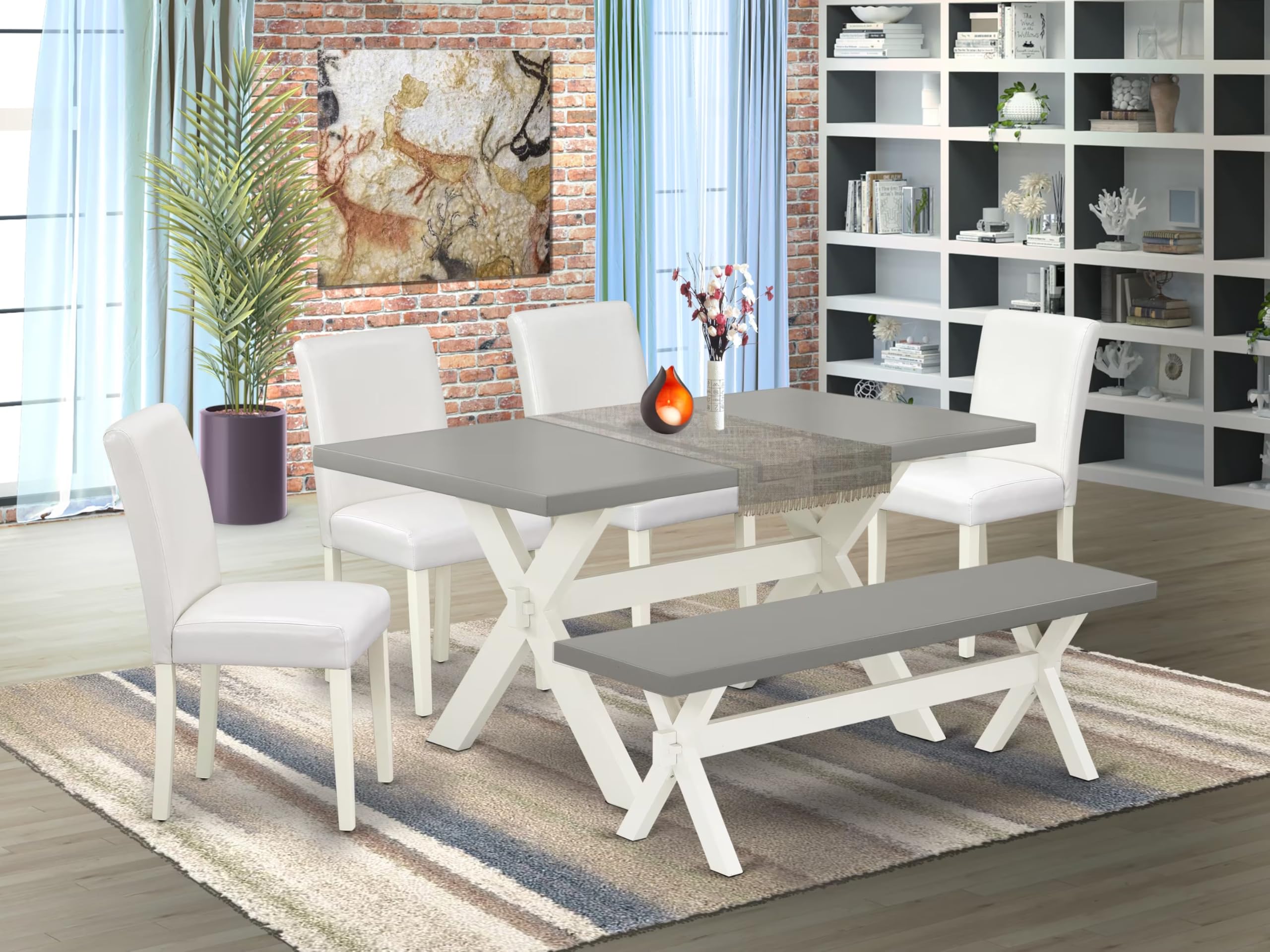 East West Furniture X096Ab264-6 6 Piece Dining Room Table Set Contains A Rectangle Dining Table With X-Legs And 4 White Faux Leather Parson Chairs With A Bench, 36X60 Inch, Multi-Color