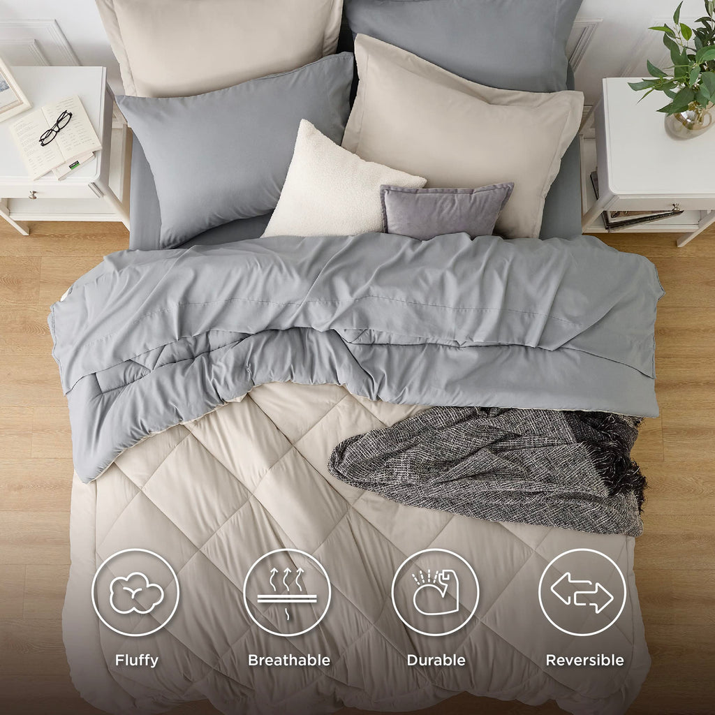 Bedsure Beige Full Comforter Set - 7 Pieces Reversible Bed Set Bed In A Bag Full With Comforters, Sheets, Pillowcases & Shams, F