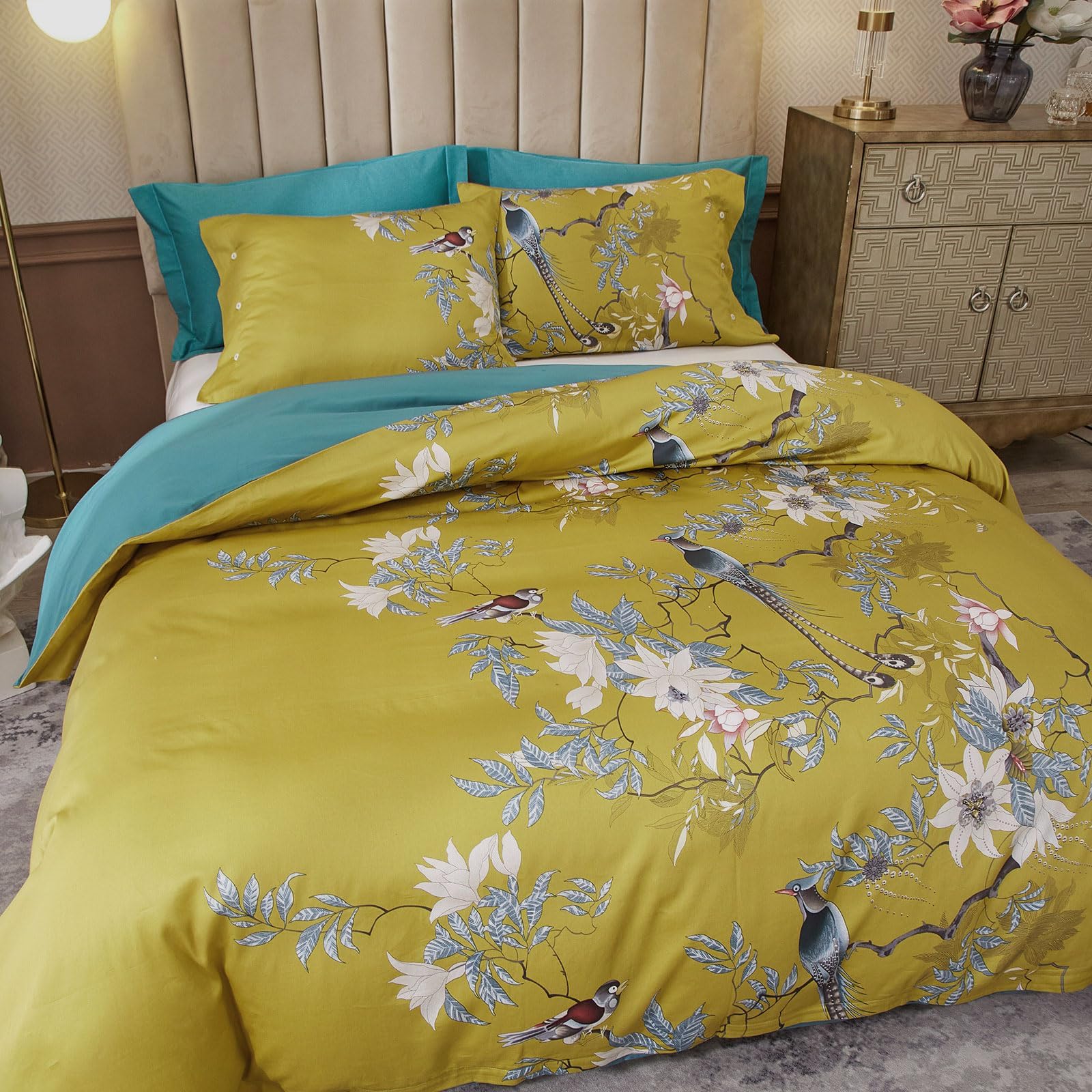 Chic Floral Duvet Cover King Size Bird Flower Pattern Comforter Cover Cotton Garden Floral Bedding Duvet Cover Aesthetic Bird Fl