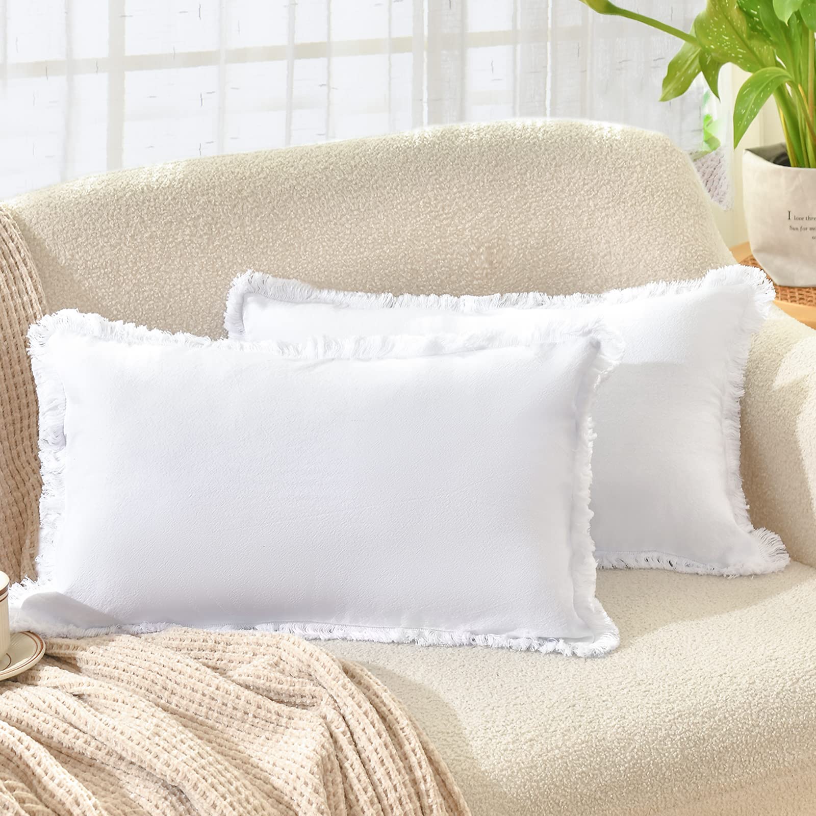 Zwjd Pillow Covers 12X20 Set Of 2 White Throw Pillow Covers With Fringe Chic Cotton Decorative Pillows Square Cushion Covers For