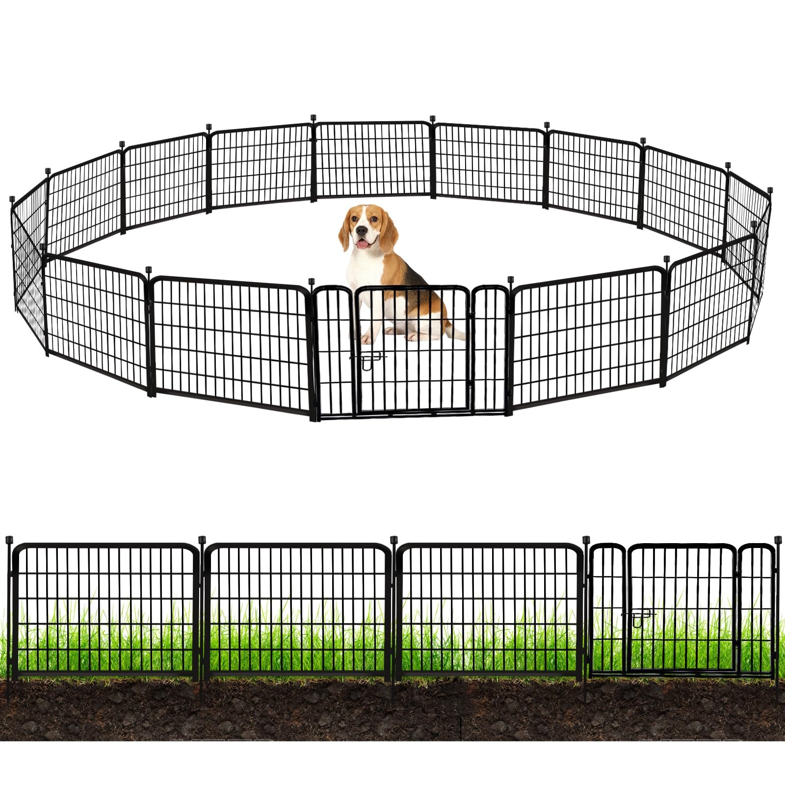 Adavin 24 In(H) Garden Fence With Gate, 14 Panels Heavy Duty Iron Metal Animal Barrier Fence, Camping Fence, Garden Fences And B