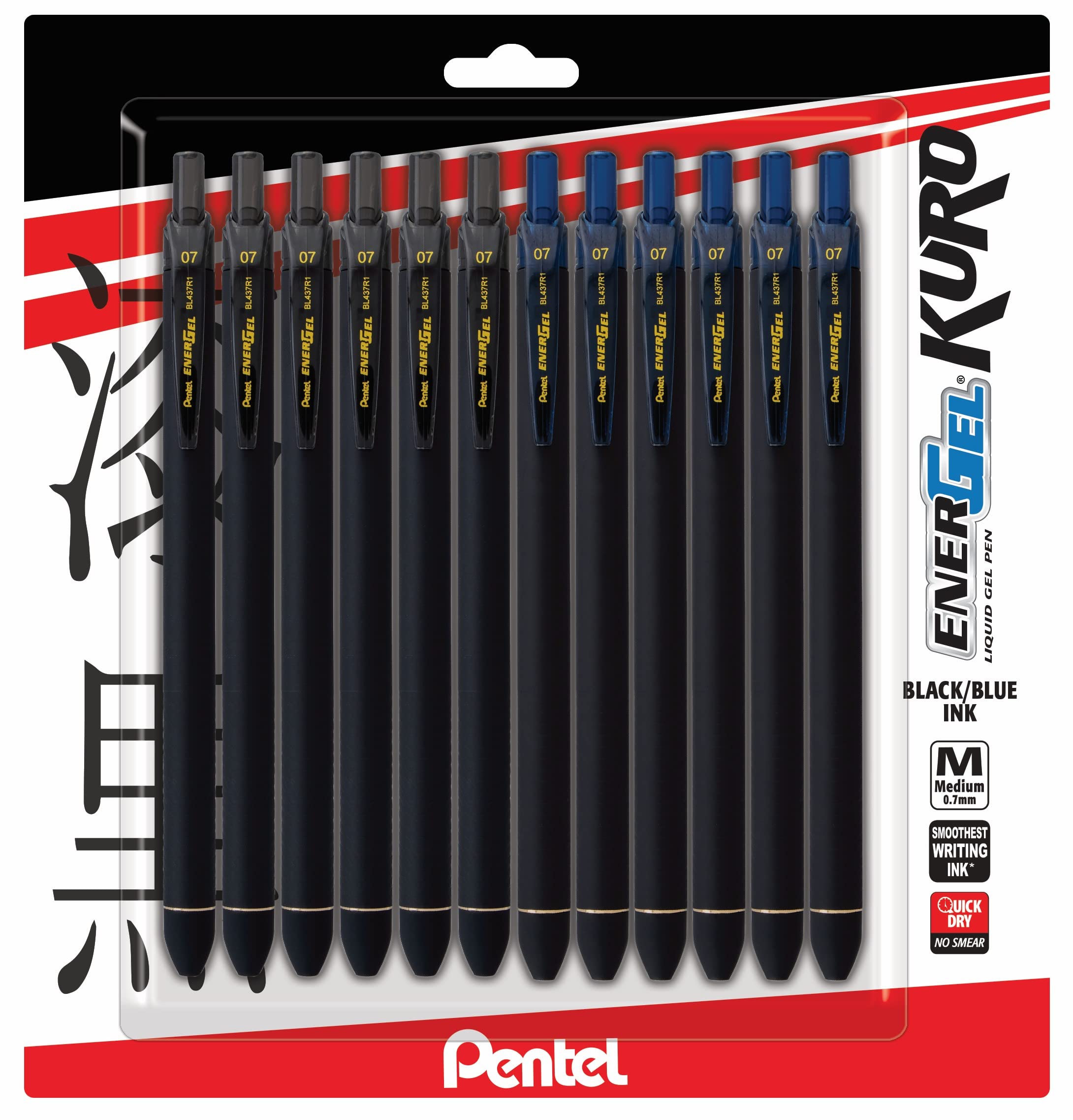 Pentel Energel 0.7 Kuro Gel Pen - Medium Line - 12 Pack Of 6 Black & 6 Blue