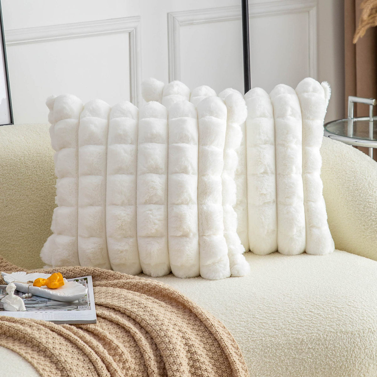 Neelvin Cream White Faux Fur Cozy Soft Plaid Decorative Throw Pillow Covers 16X16 Inch Set Of 2,Velvet Pillowcase Cushion Case F