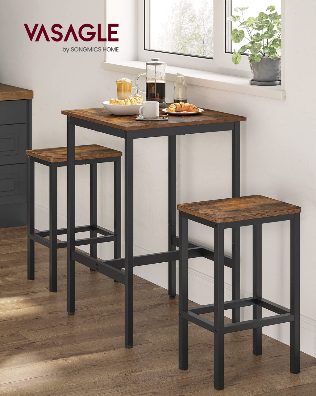 Vasagle Bar Table And Chairs Set, Square Bar Table With 2 Bar Stools, Dining Pub Bar Table Set For 2, Space Saving For Kitchen Breakfast, Living Room, Party Room, Rustic Brown And Ink Black