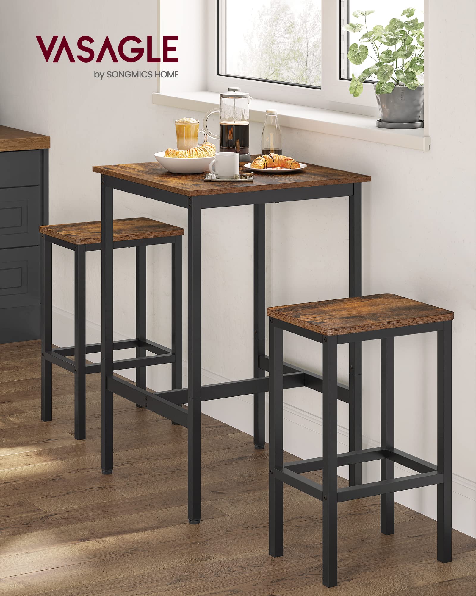 Vasagle Bar Table And Chairs Set, Square Bar Table With 2 Bar Stools, Dining Pub Bar Table Set For 2, Space Saving For Kitchen Breakfast, Living Room, Party Room, Rustic Brown And Ink Black