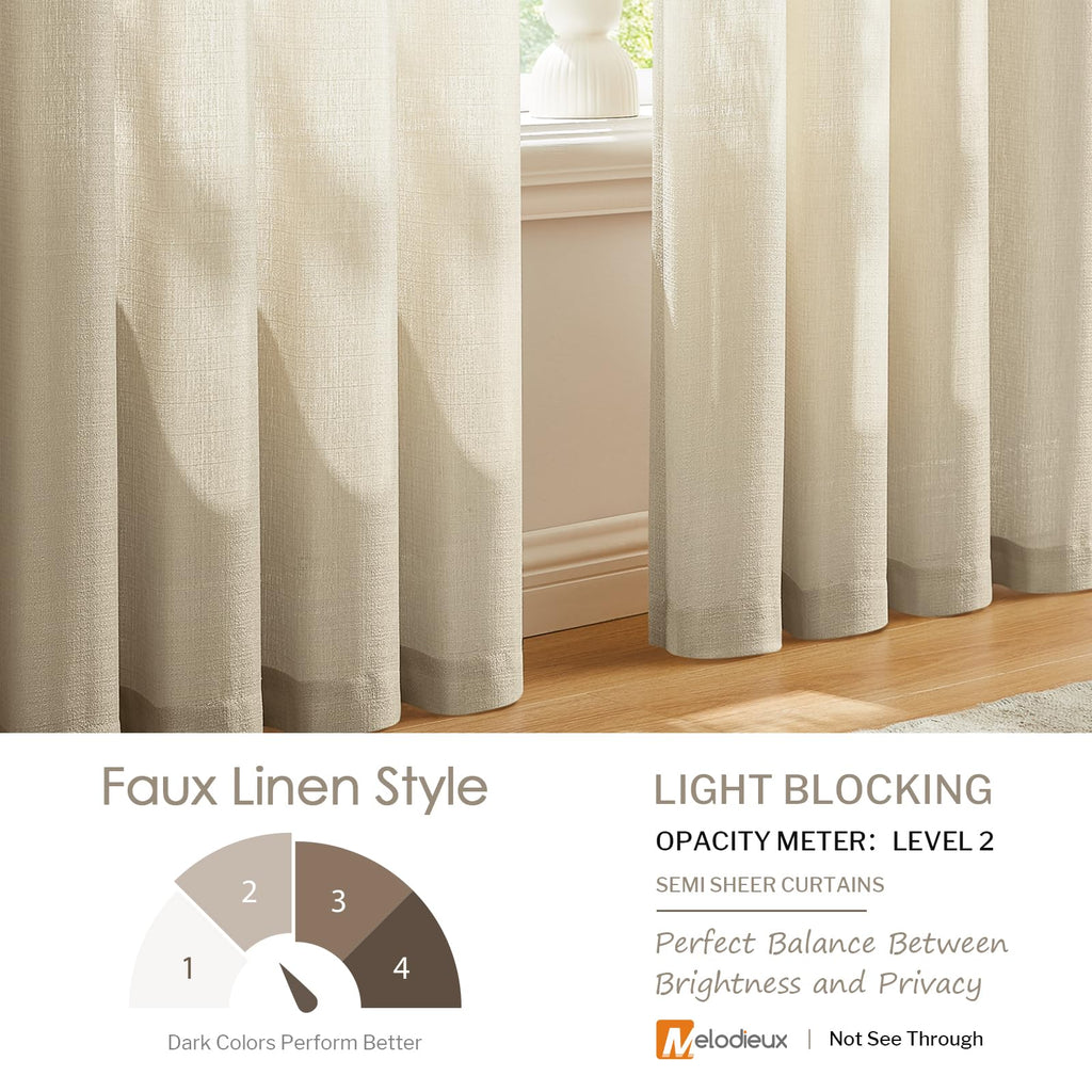Melodieux Tan Semi Sheer Curtains 45 Inch Length For Bedroom Kitchen Small Windows, Linen Look Rod Pocket Privacy Sheer Drapes,