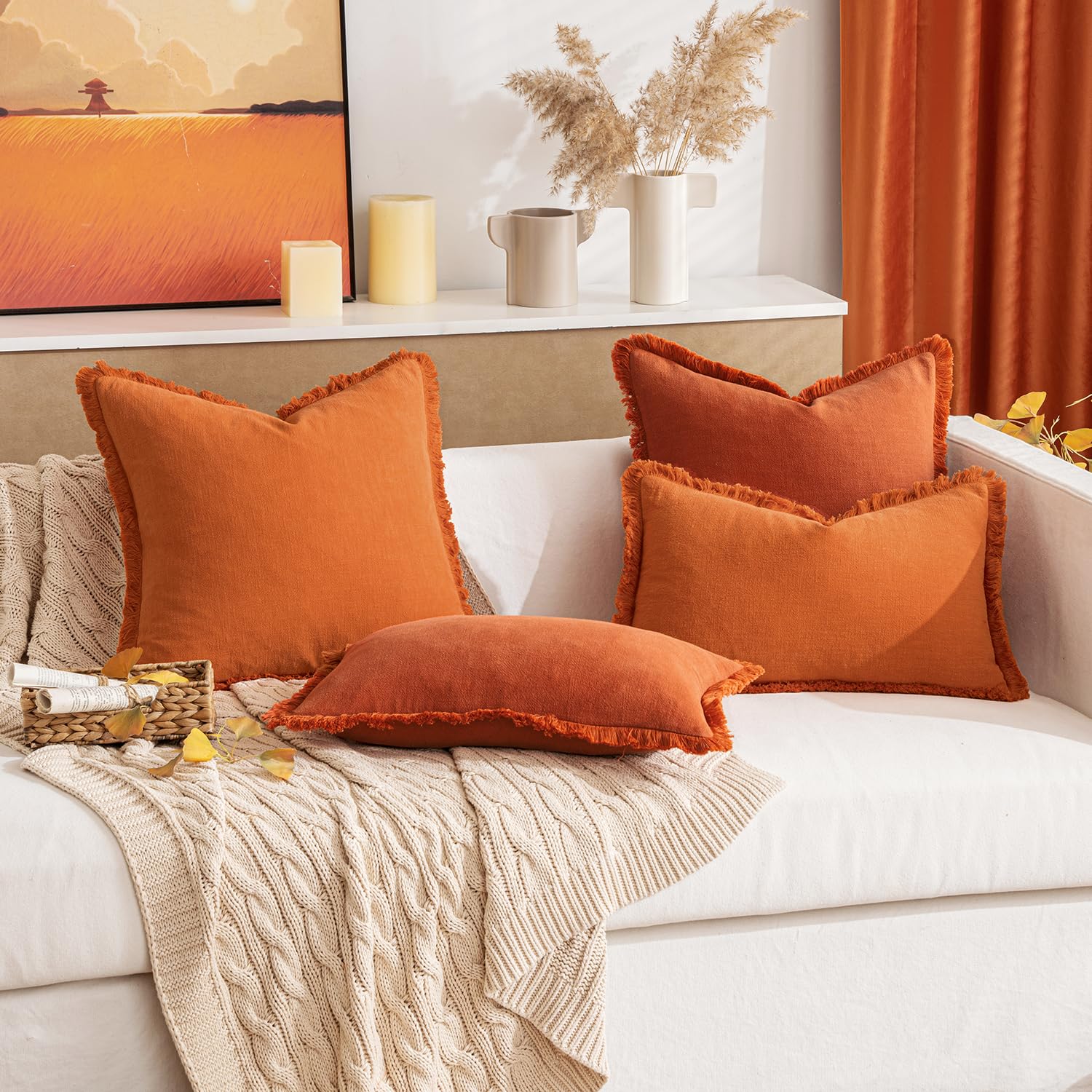 Miulee Decorative Lumbar Throw Pillow Covers Neutral Linen Fringe Throw Pillows Set Of 2 Rust Boho Farmhouse Cushion Covers With Tassels For Couch Sofa Bed Living Room Spring Home Decor 12X20 Inch