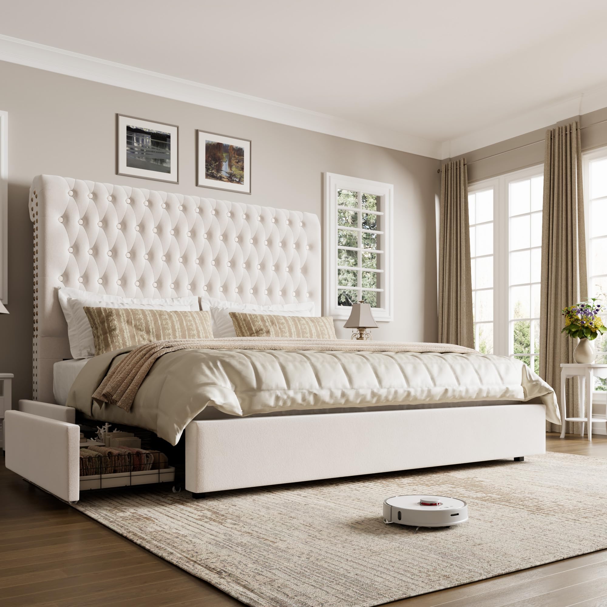 King Size Bed Frame 55 Tall Headboard with Gorgeous Button Tufted and Nail, Velvet Fabric Upholstered Bed Frame includes 4 Under