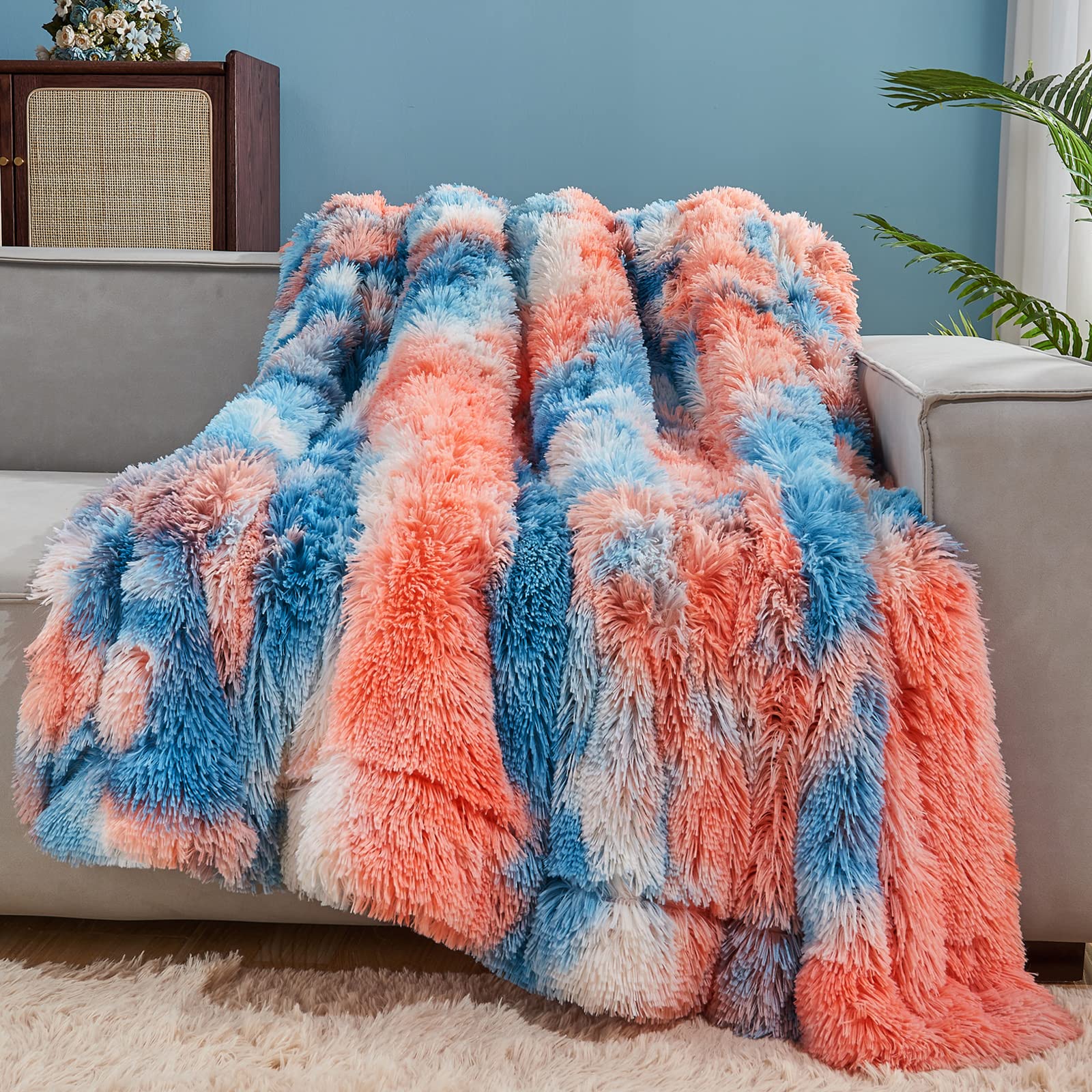Gonaap Fuzzy Faux Fur Throw Blanket Twin Size Tie-Dye Sunset Super Soft Cozy Plush Fuzzy Shaggy Blanket For Couch Sofa Bed (Tie-