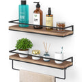 Meangood Floating Shelves Wall Mounted Set of 2, Wall Shelf with Towel Bar Rustic Wood Wall Storage Shelves for Bedroom,Living R