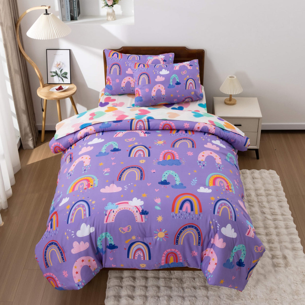 Btargot 5 Piece Dark Purple Rainbow Comforter Set For Girls Boys Kids, Twin Size Cartoon Love Hearts Flowers And Sun Star Beddin