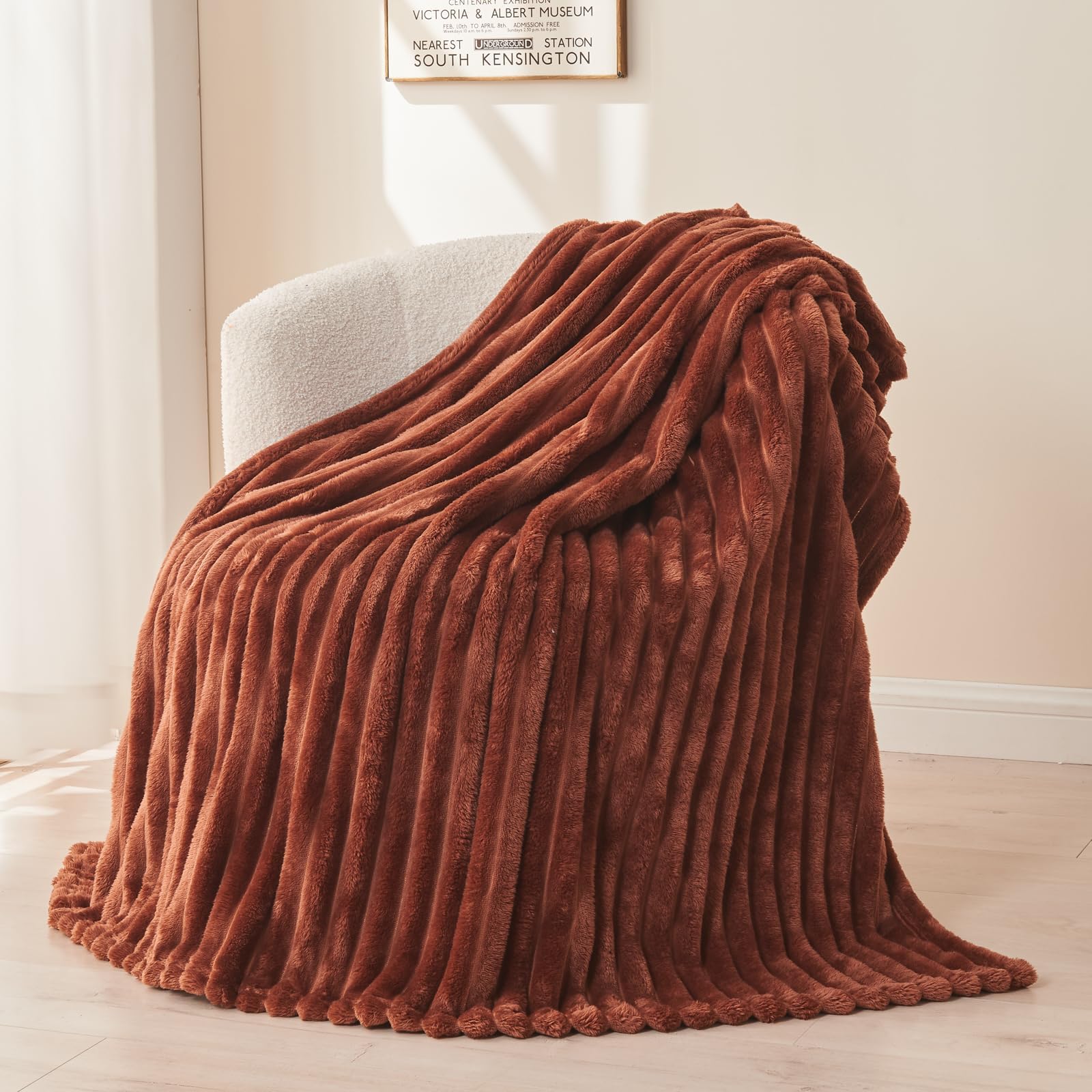 Newcosplay Super Soft Twin Blanket Coffee Premium Silky Flannel Fleece 3D Ribbed Jacquard Lightweight Bed Blanket All Season Use