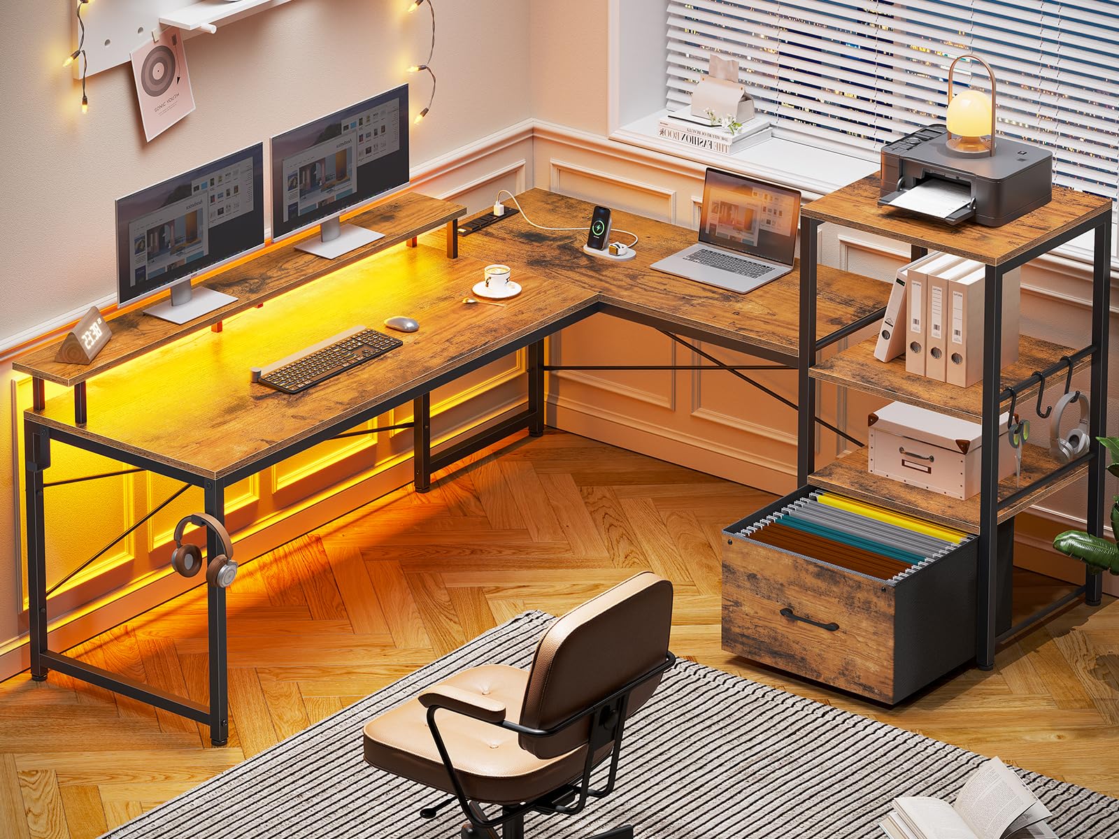 SEDETA Home Office Desk with File Drawer and Power Outlet, 51 Corner Computer Desk with Fabric Drawer and Storage Shelves, Corne
