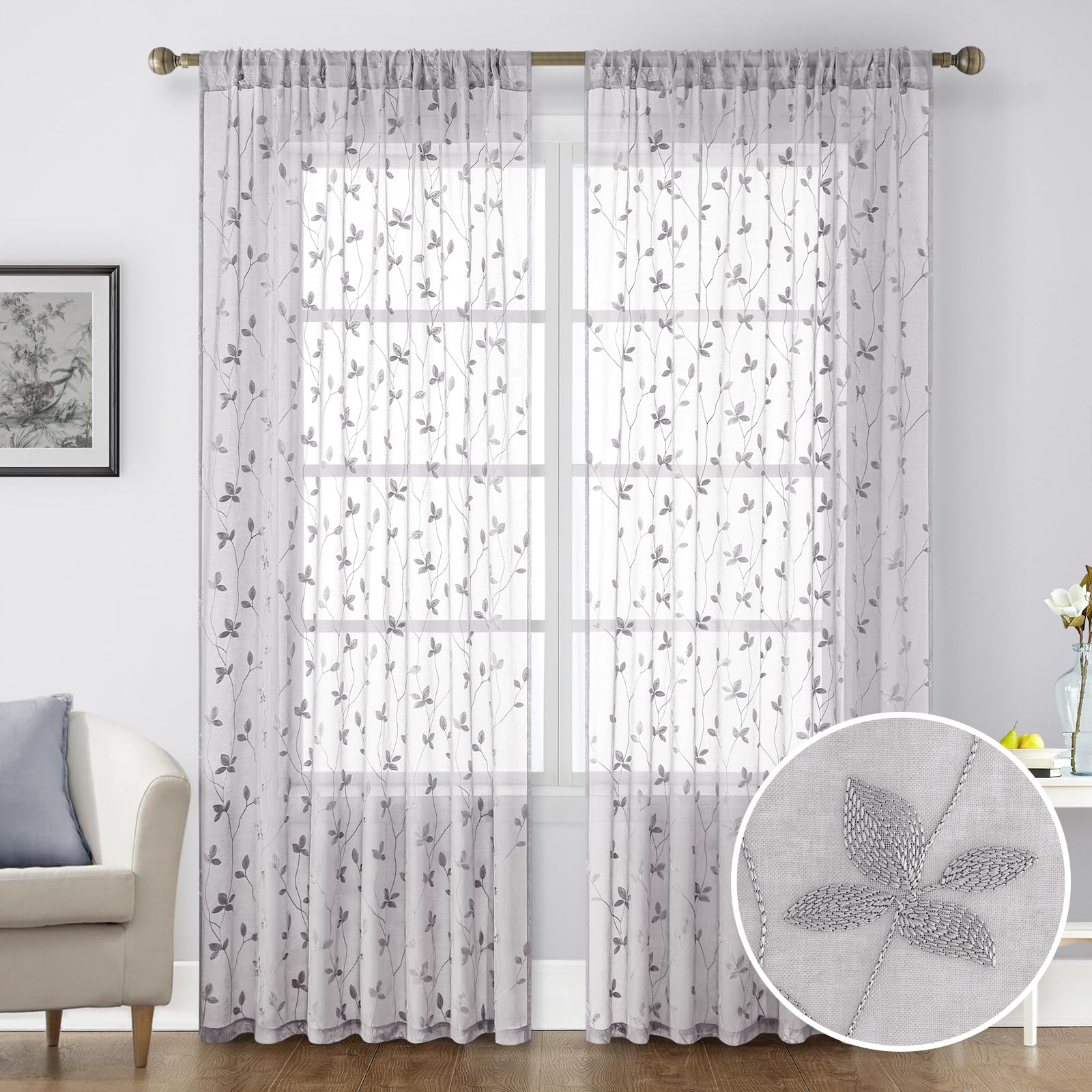 Homeideas Light Grey Sheer Curtains 52 X 96 Inches Length 2 Panels Embroidered Vine Floral Pattern Pocket Faux Linen Semi Sheer