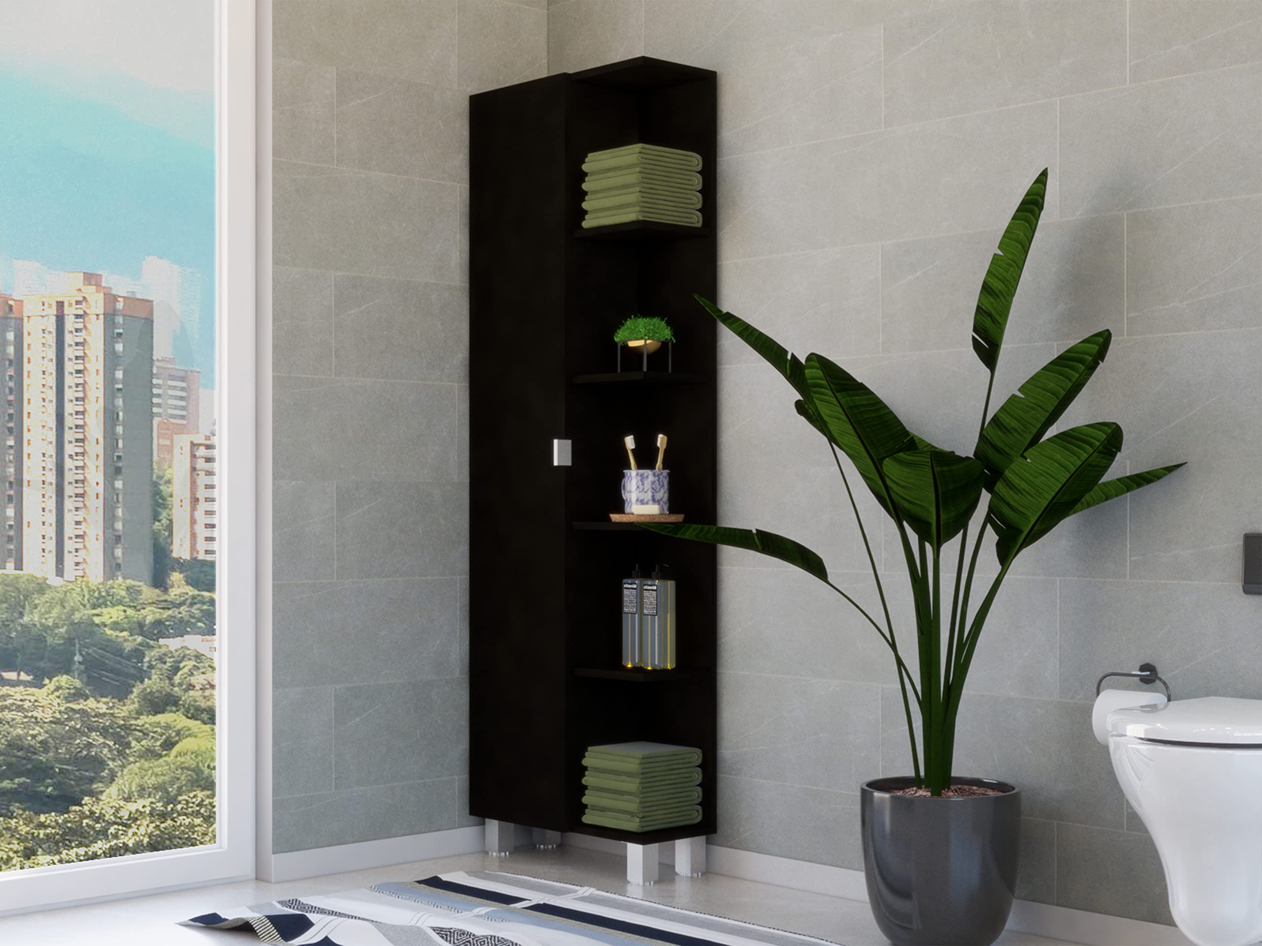 Depot E-Shop Venus Linen Single Door Cabinet, Five External Shelves, Four Interior Shelves, Black -Bathroom