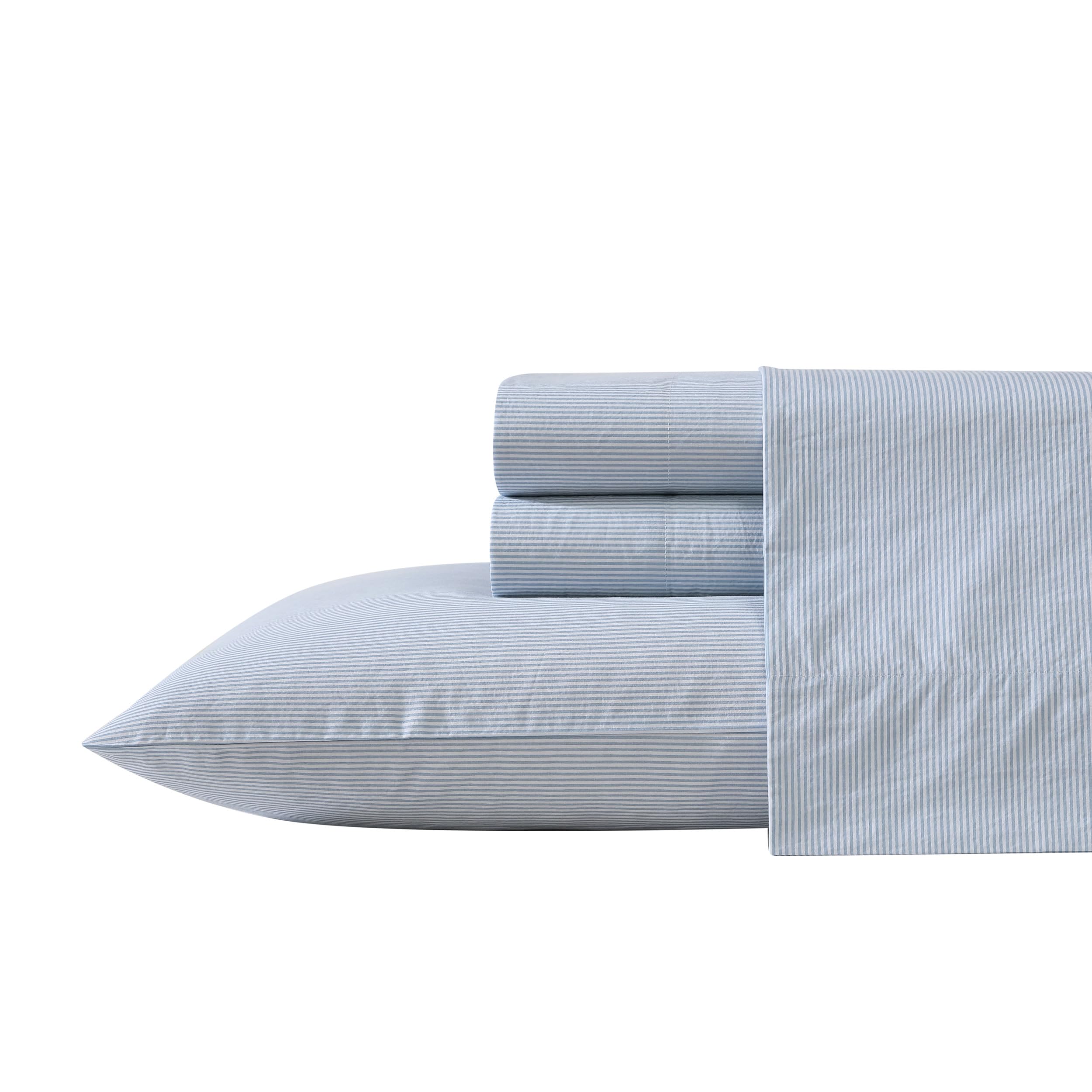 Nautica - Queen Sheet Set, Cotton Percale Bedding Set, Crisp & Cool, Lightweight & Breathable (Penny Pinstripe Blue, Queen)