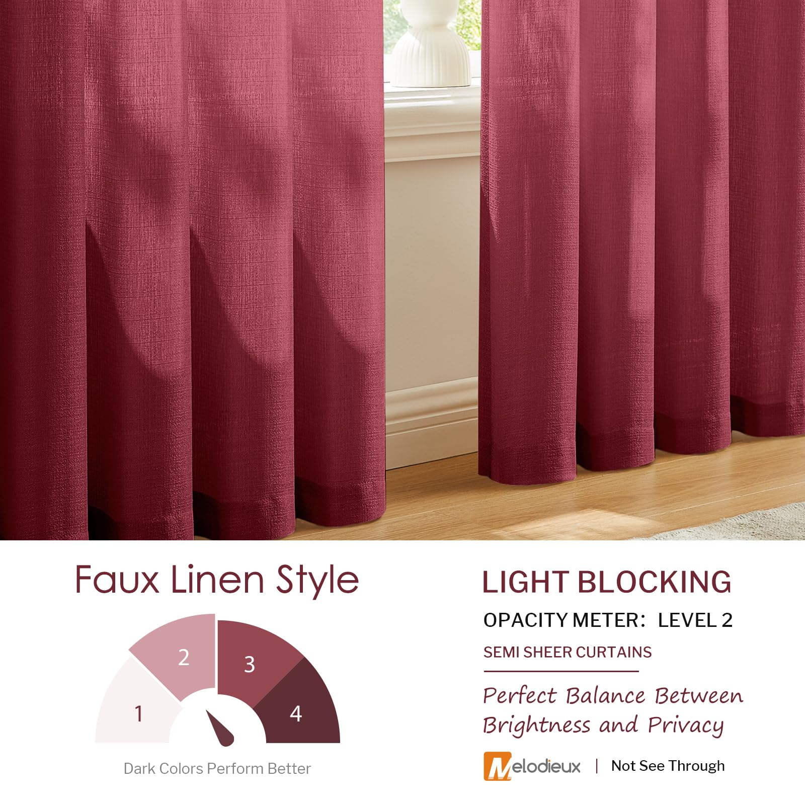 Melodieux Burgundy Semi Sheer Curtains 72 Inches Long For Bedroom, Living Room Linen Look Privacy Window Rod Pocket Sheer Drapes