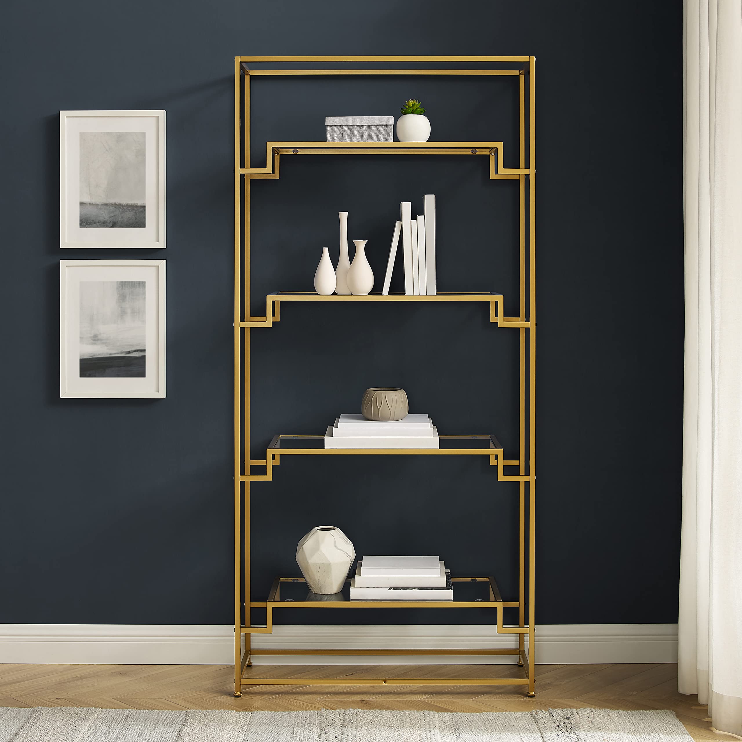 Crosley Furniture Celeste Bookshelf With Glass Shelves, Bookcase Storage, Gold