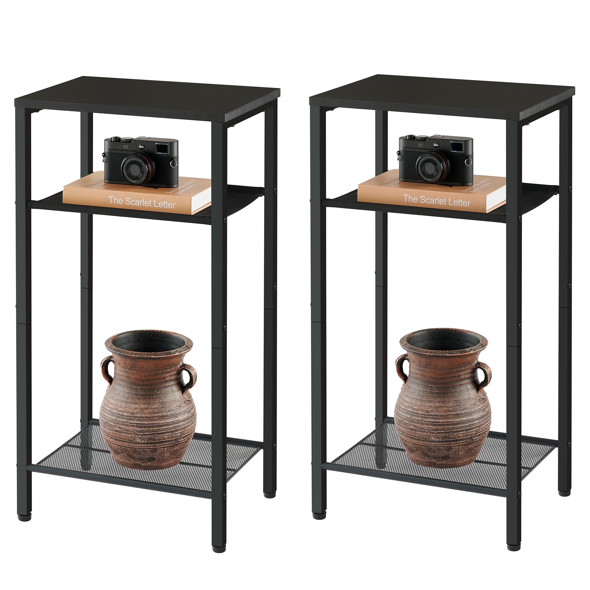 Hoctieon 2-Set 3 Tier End Table, Telephone Table Set Of 2, Tall Side Table With Storage Set Of 2, Small Nightstand For Small Spaces, Metal Frame, For Living Room, Bedroom, Sofa Couch, Black