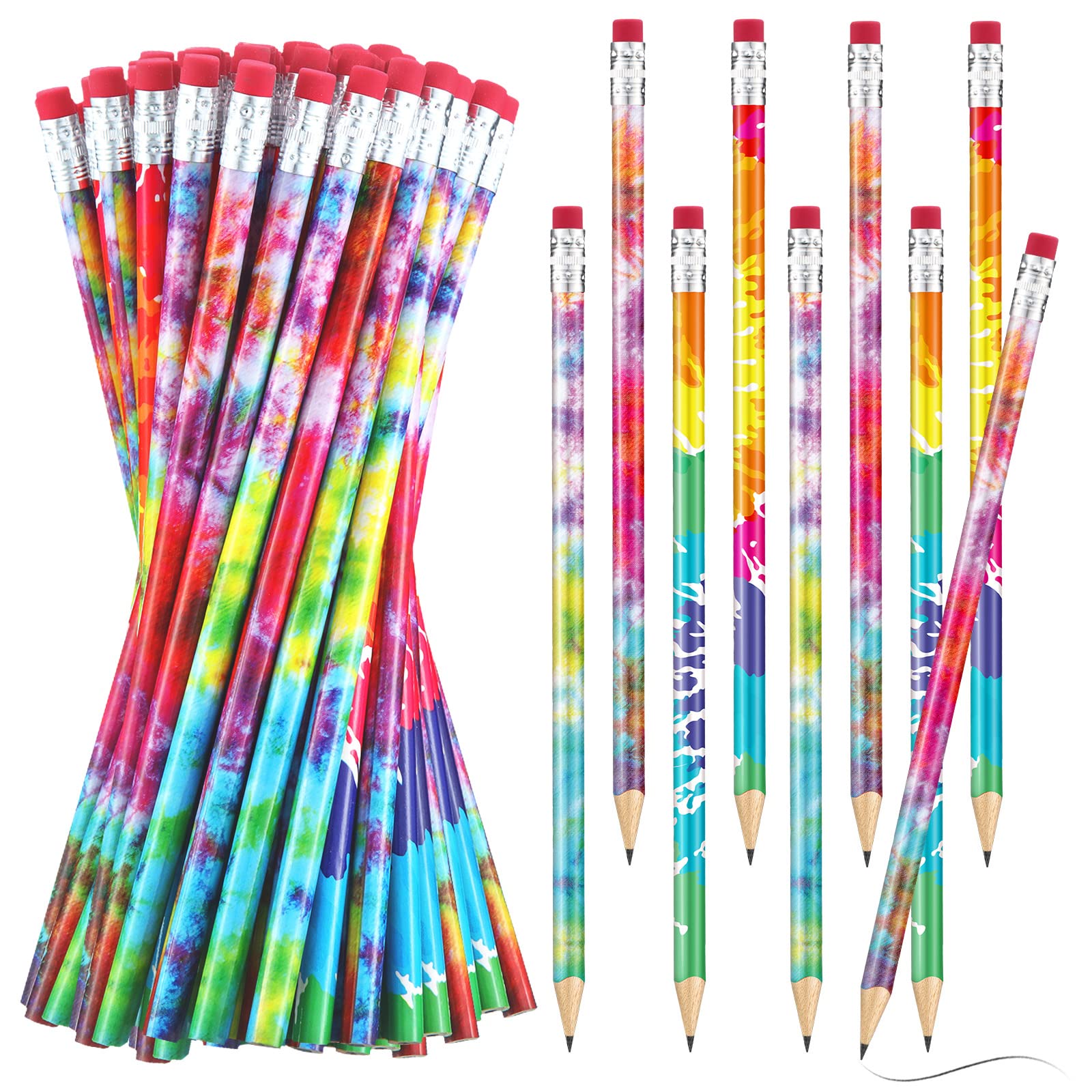 Tie Dye Pencils Solid Color Pencils Colorful Round Pencils Rainbow Color Pencils Wood Gradient Pencils With Eraser Top For Home