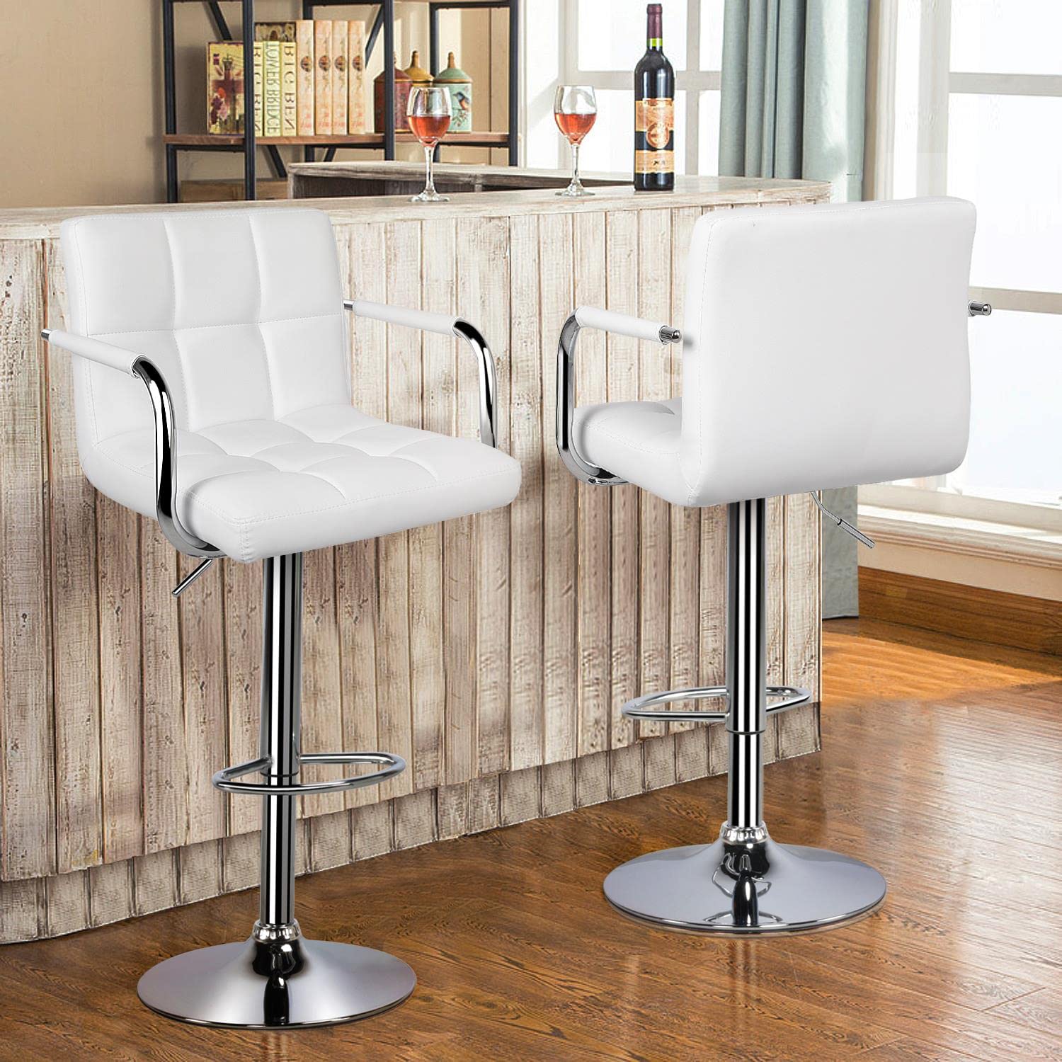 Yaheetech Bar Stools Set Of 2, Pu Leather Adjustable Swivel Barstools, Hydraulic Kitchen Counter Height Bar Chairs With Armrest And Back For Bar, Kitchen, Dining Room, White