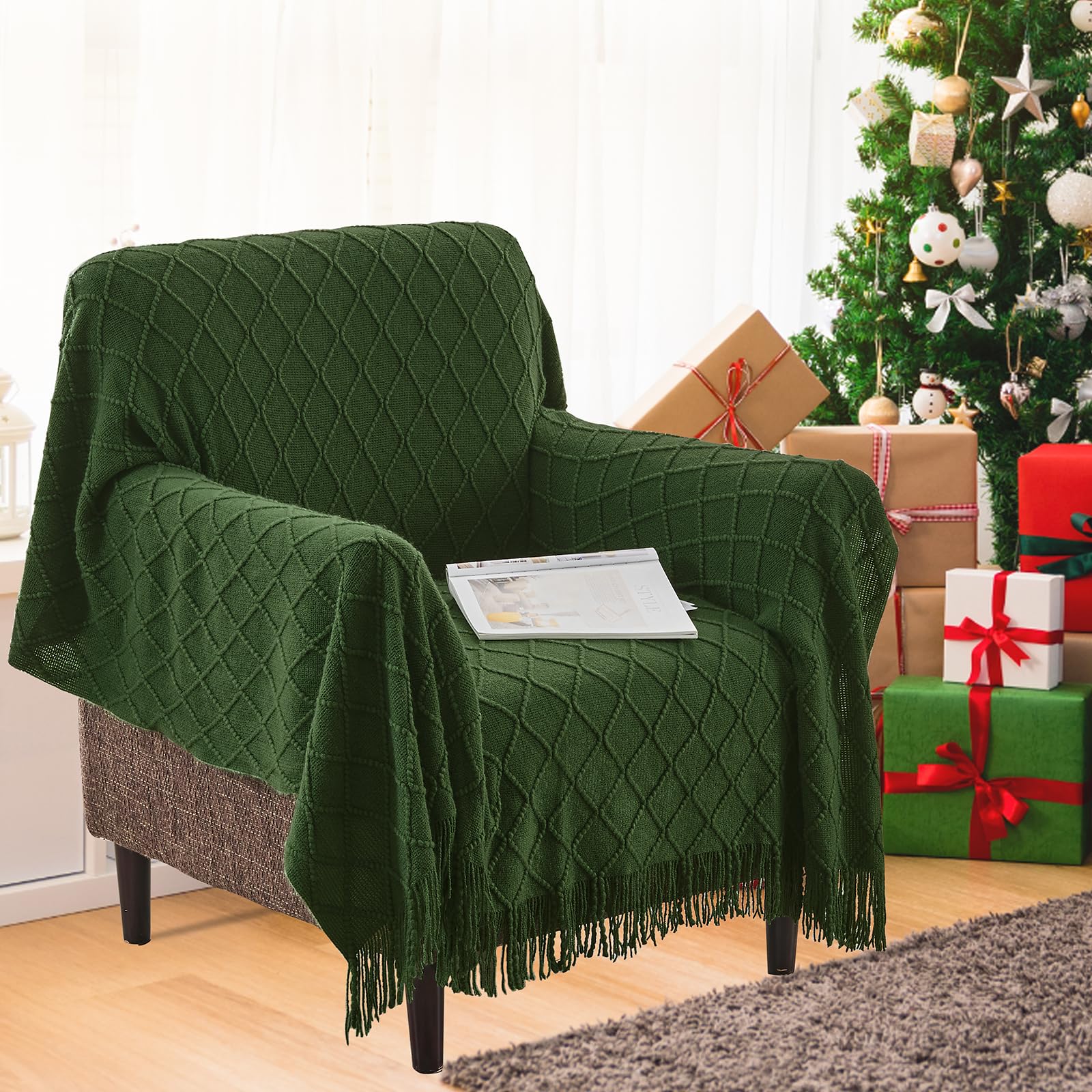 Inhand Knitted Throw Blankets For Couch And Bed, Soft Cozy Knit Blanket With Tassel, Dark Green Lightweight Decorative Blankets