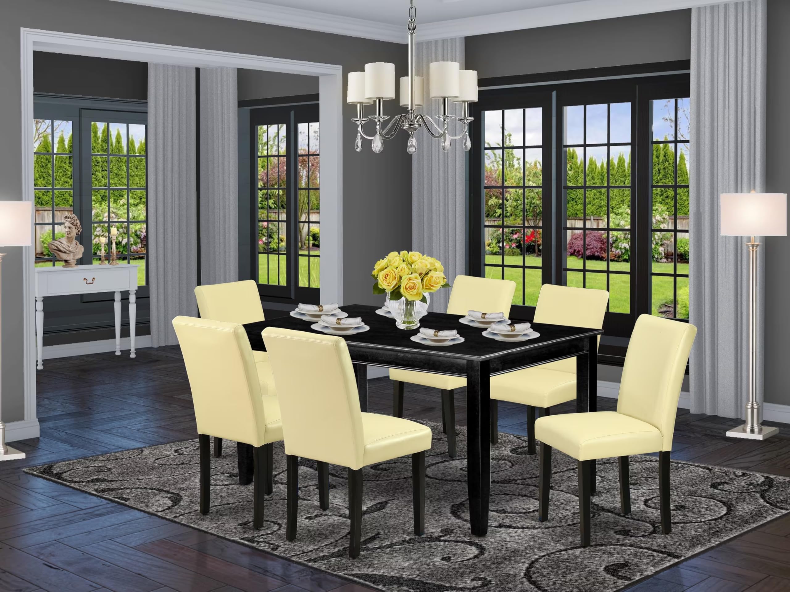 East West Furniture Duab7-Blk-73 7 Piece Kitchen Table & Chairs Set Consist Of A Rectangle Dining Room Table And 6 Eggnog Faux Leather Upholstered Chairs, 36X60 Inch, Black