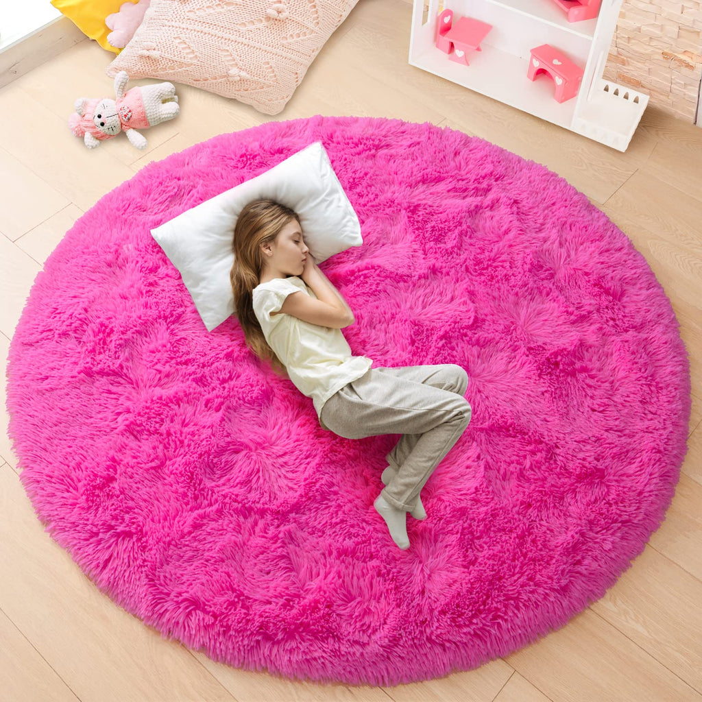 junovo Round Rug 5x5 Feet Fluffy Soft Area Rugs for Kids Girls Room Princess Castle Plush Shaggy Carpet Cute Circle Nursery Rug 