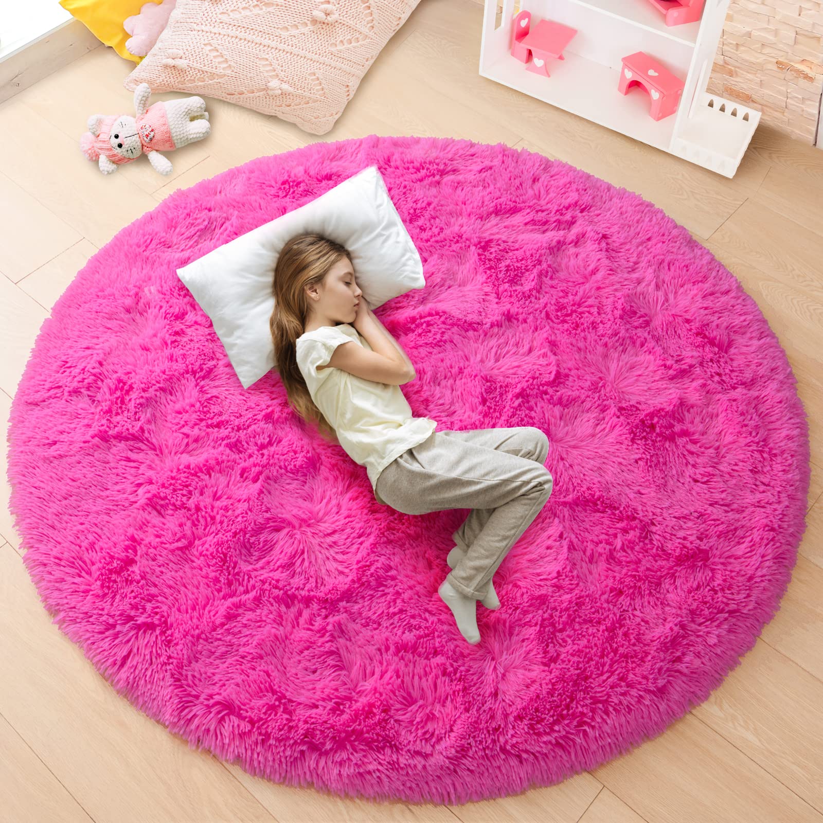 junovo Round Rug 5x5 Feet Fluffy Soft Area Rugs for Kids Girls Room Princess Castle Plush Shaggy Carpet Cute Circle Nursery Rug 