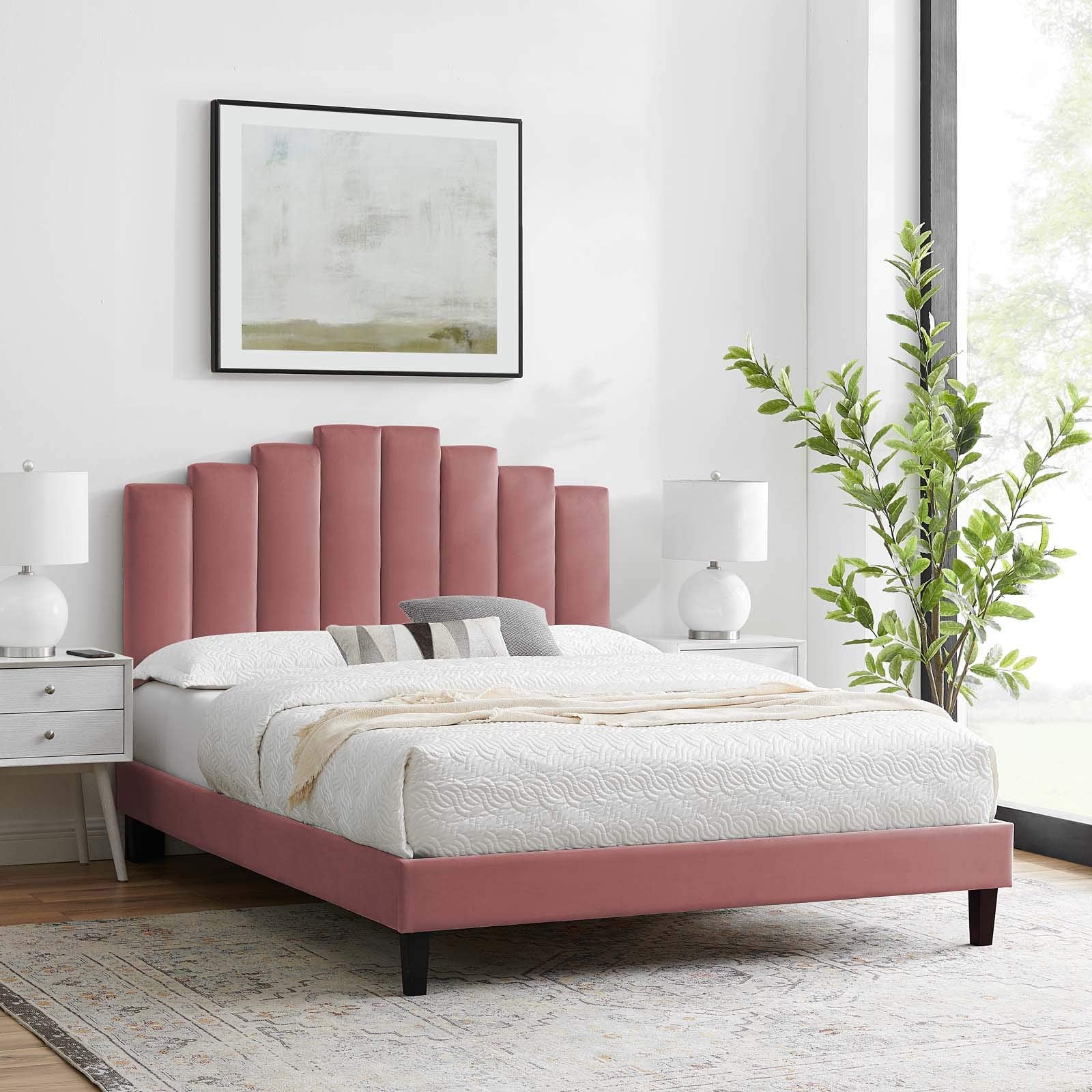 Modway Elise Channel Tufted Performance Velvet Full Platform Bed In White With Black Wood Legs, King, Dusty Rose