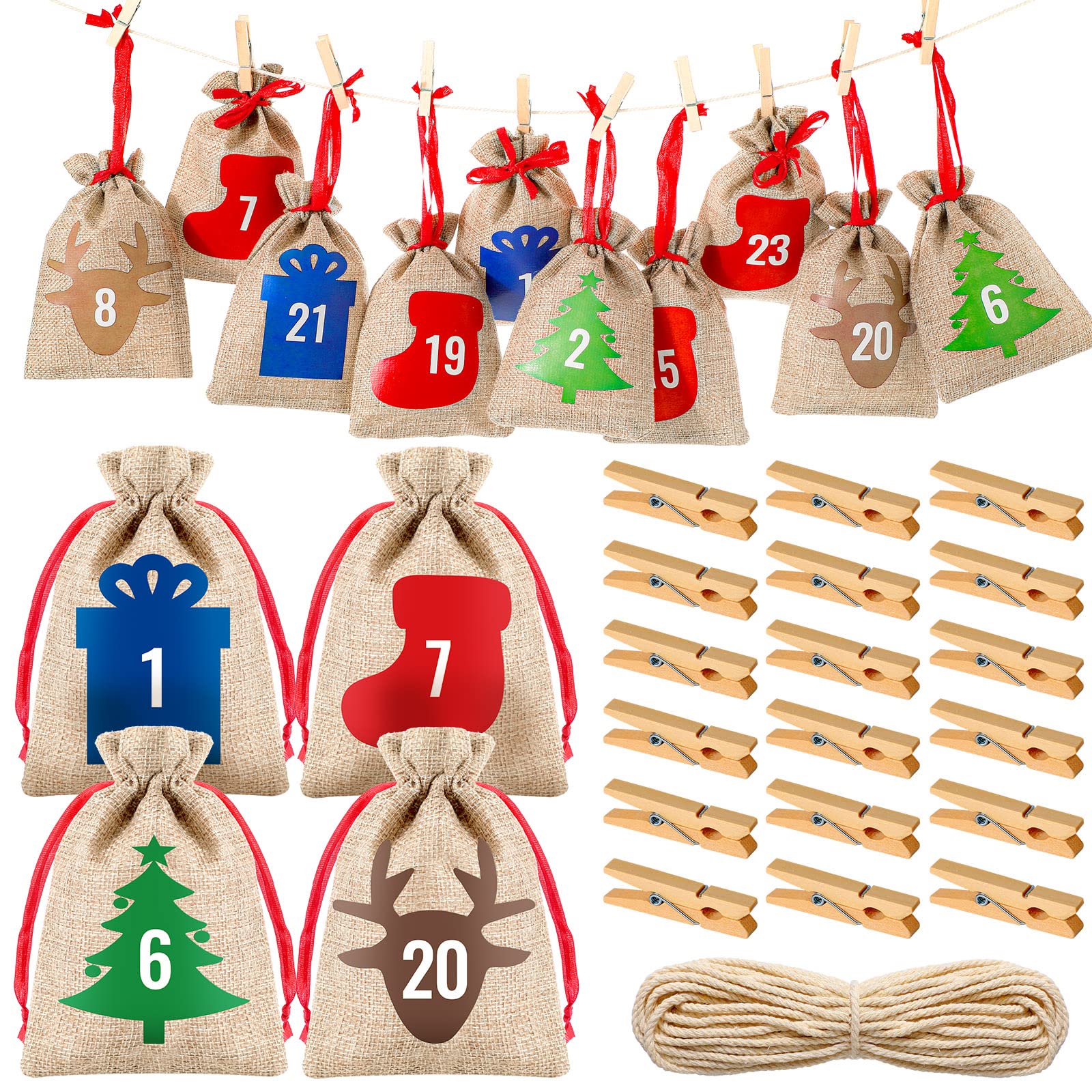 24 Pcs Christmas Advent Calendar Bags 24 Days Burlap Countdown Calendar Bags 4x6 Inch Drawstring Gift Bag Pouches with Xmas Mini