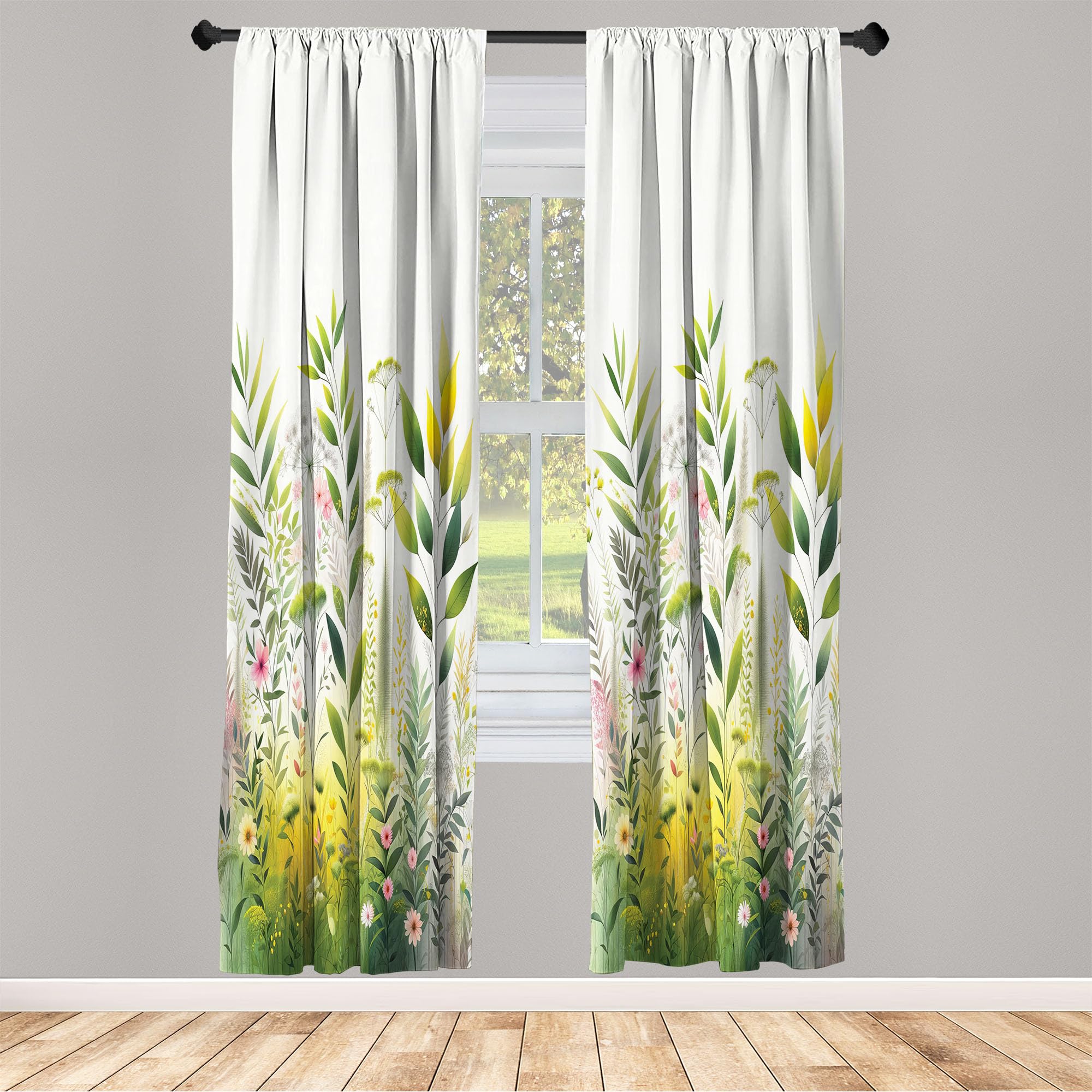 Ambesonne Nature Window Curtains, Dream Garden Scene Leafy Huddle With Blush Tone Flower Details Print Boho, Lightweight Decor 2