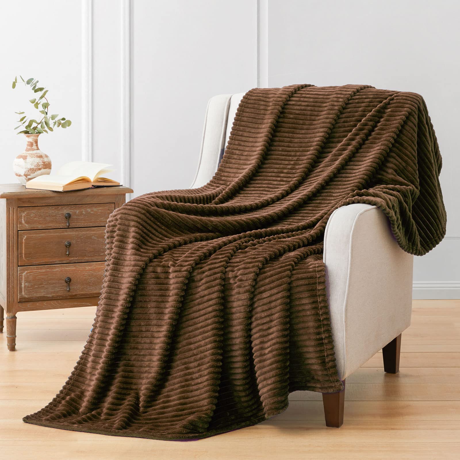 Vessia Flannel Fleece Throw Blanket(50X70 Inch), 300Gsm Cozy Brown Stripe Throw Blanket For Couch, Sofa And Bed, Warm And Soft C