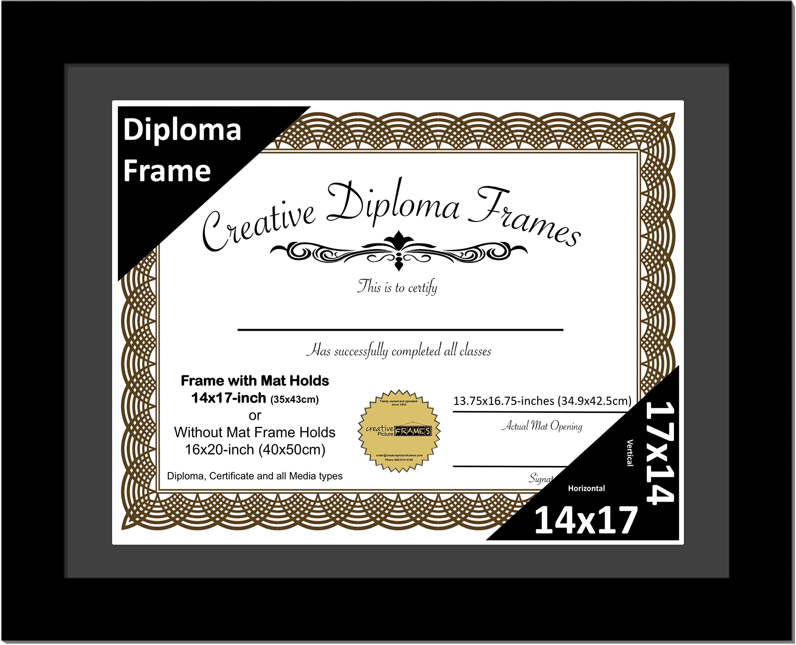 Creative Picture Frames 14x17 Classic Black Diploma Frame with Black Mat Glass Easel and Installed Wall Hangers | Frame Holds 16