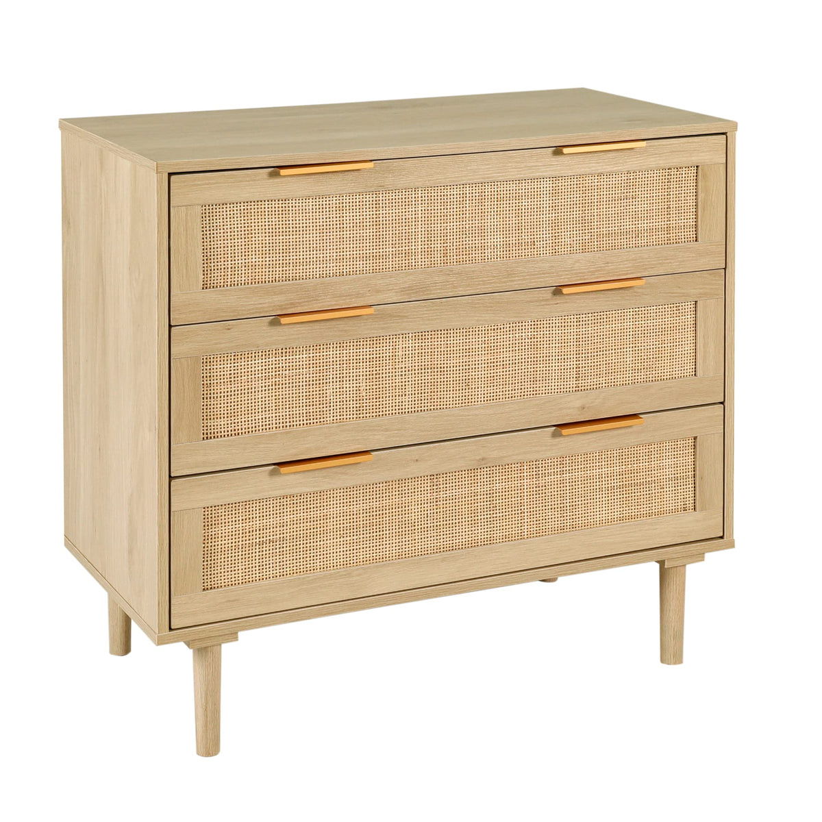 HOPUBUY 3 Drawer Dresser for Bedroom, Rattan Modern Closet Dressers Chest of Drawers, Wood Oak Storage Chest for Kids Bedroom, H