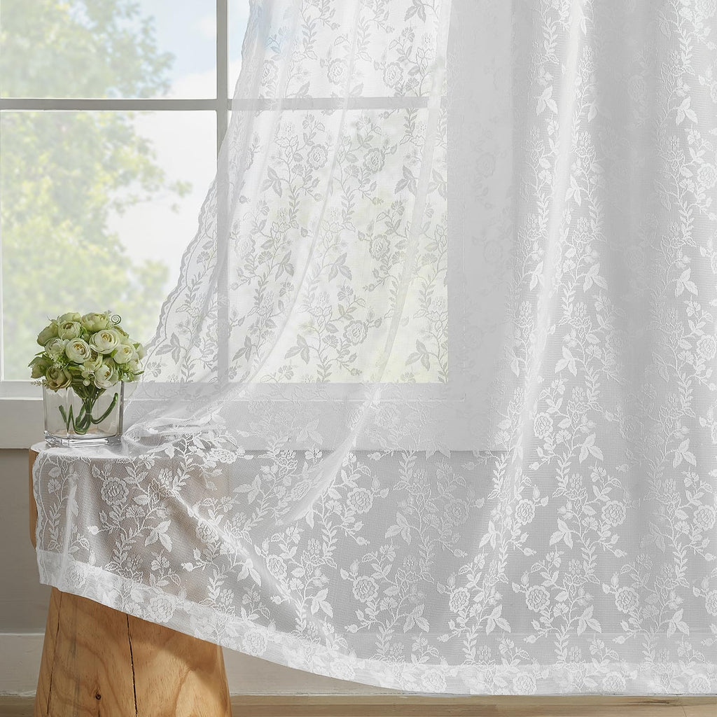102 Inch Length White Lace Curtains 2 Panels Set Country Rustic Leaf Floral Knitted Vintage Lace Curtains For Living Room Bedroo