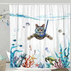Fowocu Funny Cat 84 Inch Shower Curtain Set Teal Blue Sea Ocean Waterproof Fabric Shower Curtains with Animal Octopus Starfish T