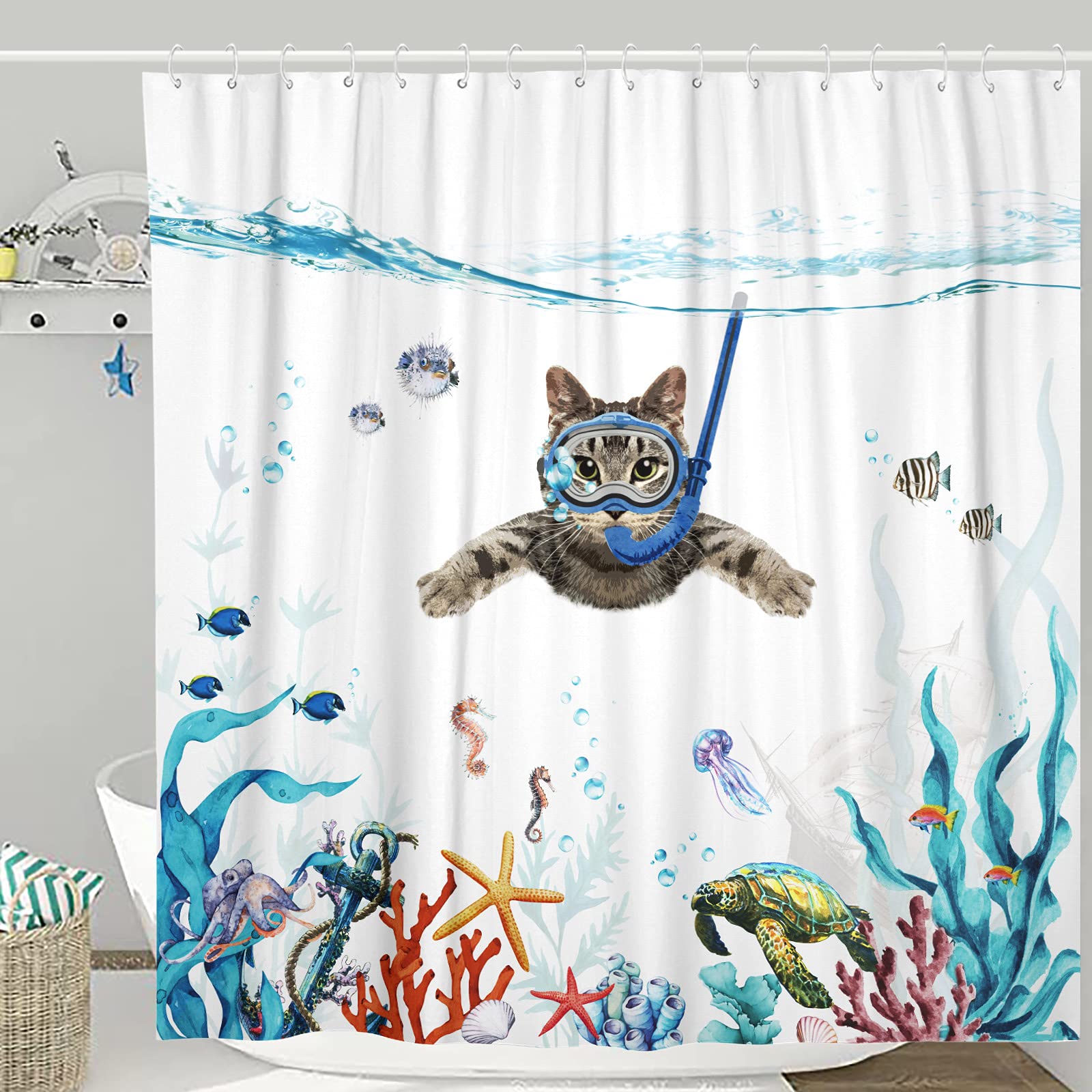 Fowocu Funny Cat 84 Inch Shower Curtain Set Teal Blue Sea Ocean Waterproof Fabric Shower Curtains with Animal Octopus Starfish T