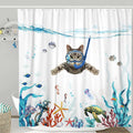 Fowocu Funny Cat Shower Curtain Set Teal Blue Sea Ocean Waterproof Fabric Curtains With Animal Octopus Starfish Turtle Anchor Fi