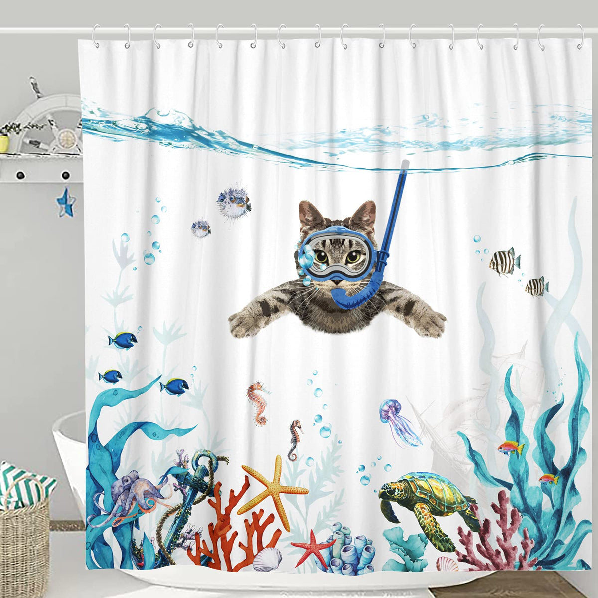 Fowocu Funny Cat Extra Long Shower Curtain Set Teal Blue Sea Ocean Waterproof Fabric Shower Curtains With Animal Octopus Starfis